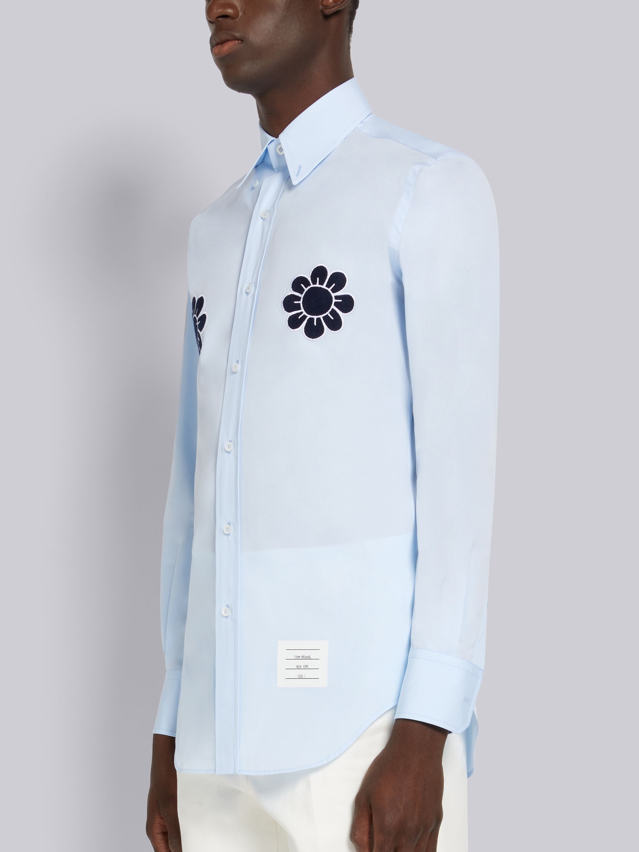Light Blue Satin Stitch Floral Applique Classic Fit Shirt - 2