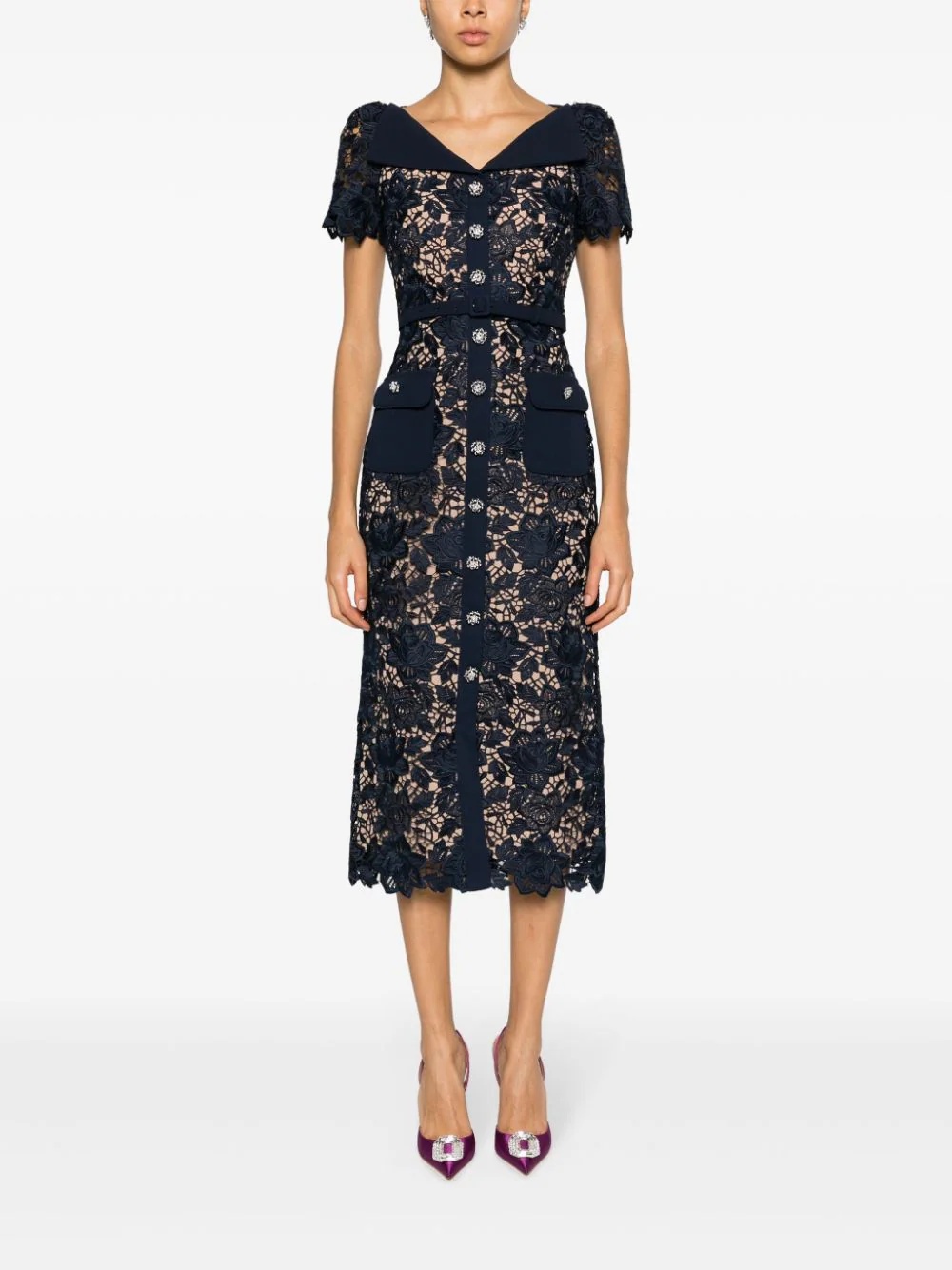 Navy Lace Open Neck Midi Dress - 2