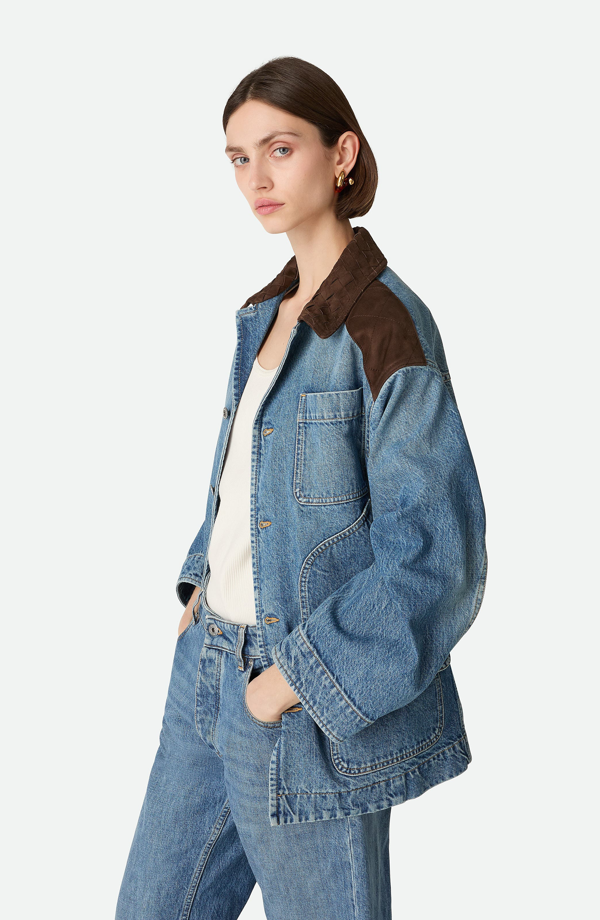 Bottega Veneta Intrecciato Collar Oversize Indigo Denim Jacket in Mid Blue at Nordstrom - 7