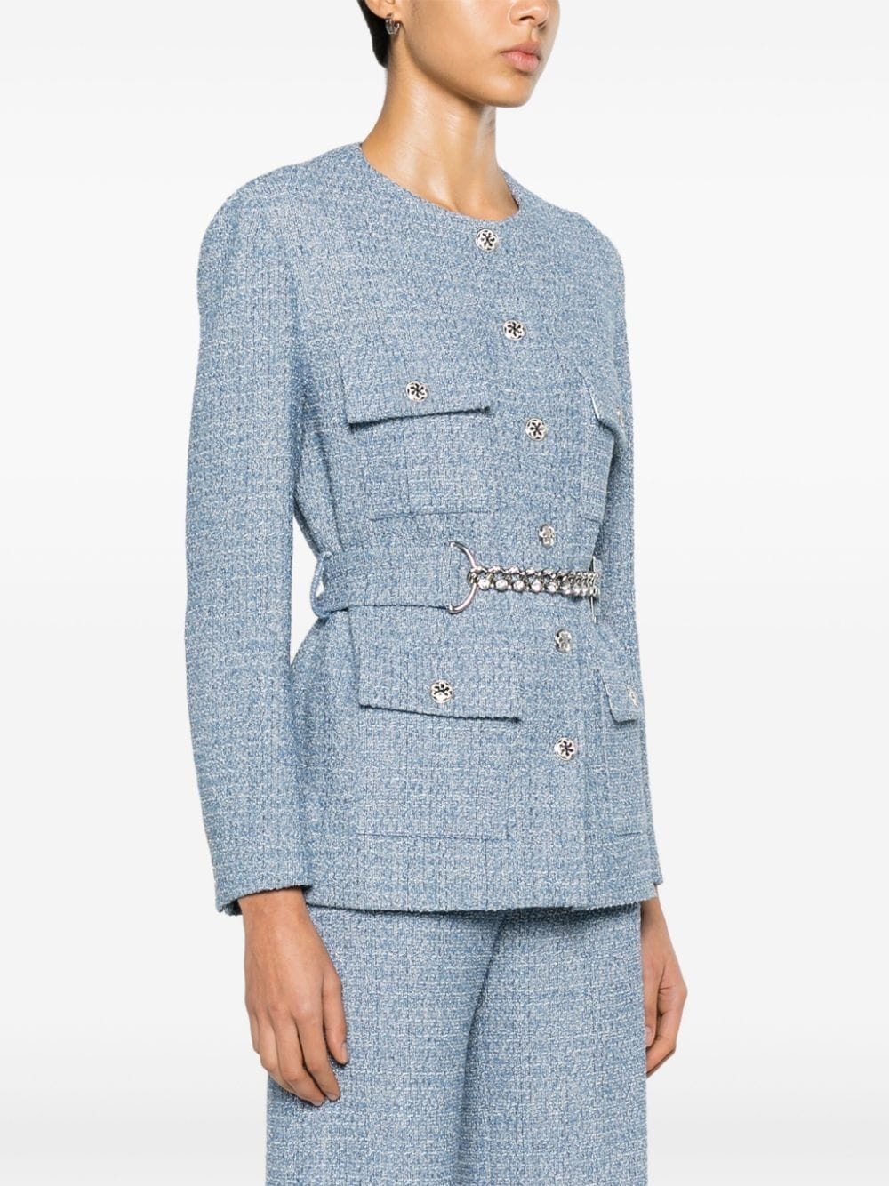 belted-waist tweed jacket - 3