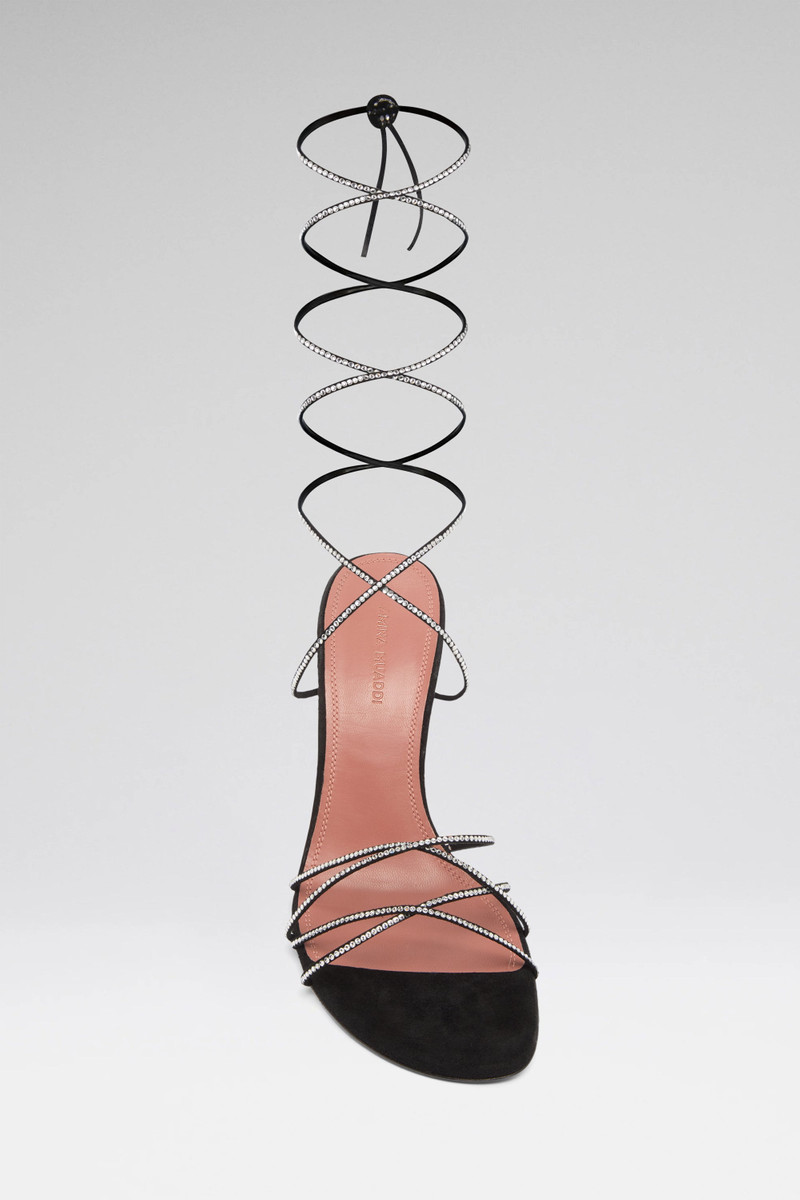 Amina Muaddi LORI CRYSTAL LACE UP SANDAL 95 BLACK SUEDE AND WHITE CRYSTALS outlook