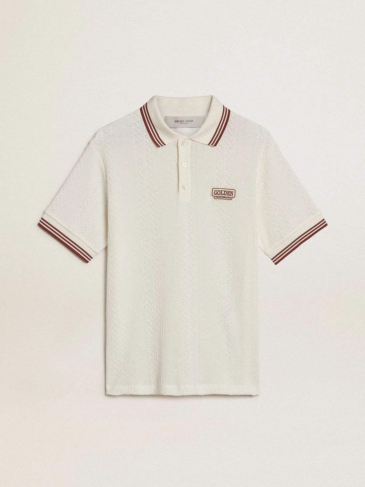 Men's polo shirt in white perforated knit with burgundy striped details - 1