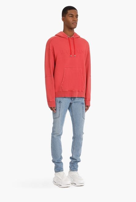 Faded red cotton hooded sweatshirt with embossed Balmain logo - 7