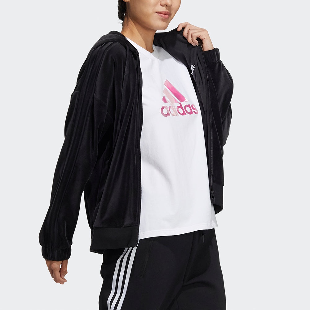 (WMNS) adidas Velour Jkt Velvet Hooded Jacket Black HG1845 - 4