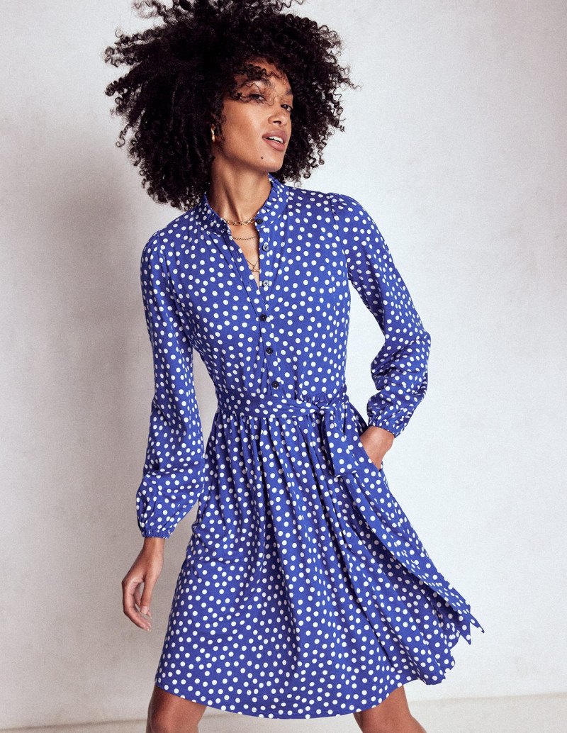 Willow Ruffle Neck Shirt Dress-Bright Blue, Dot 5
