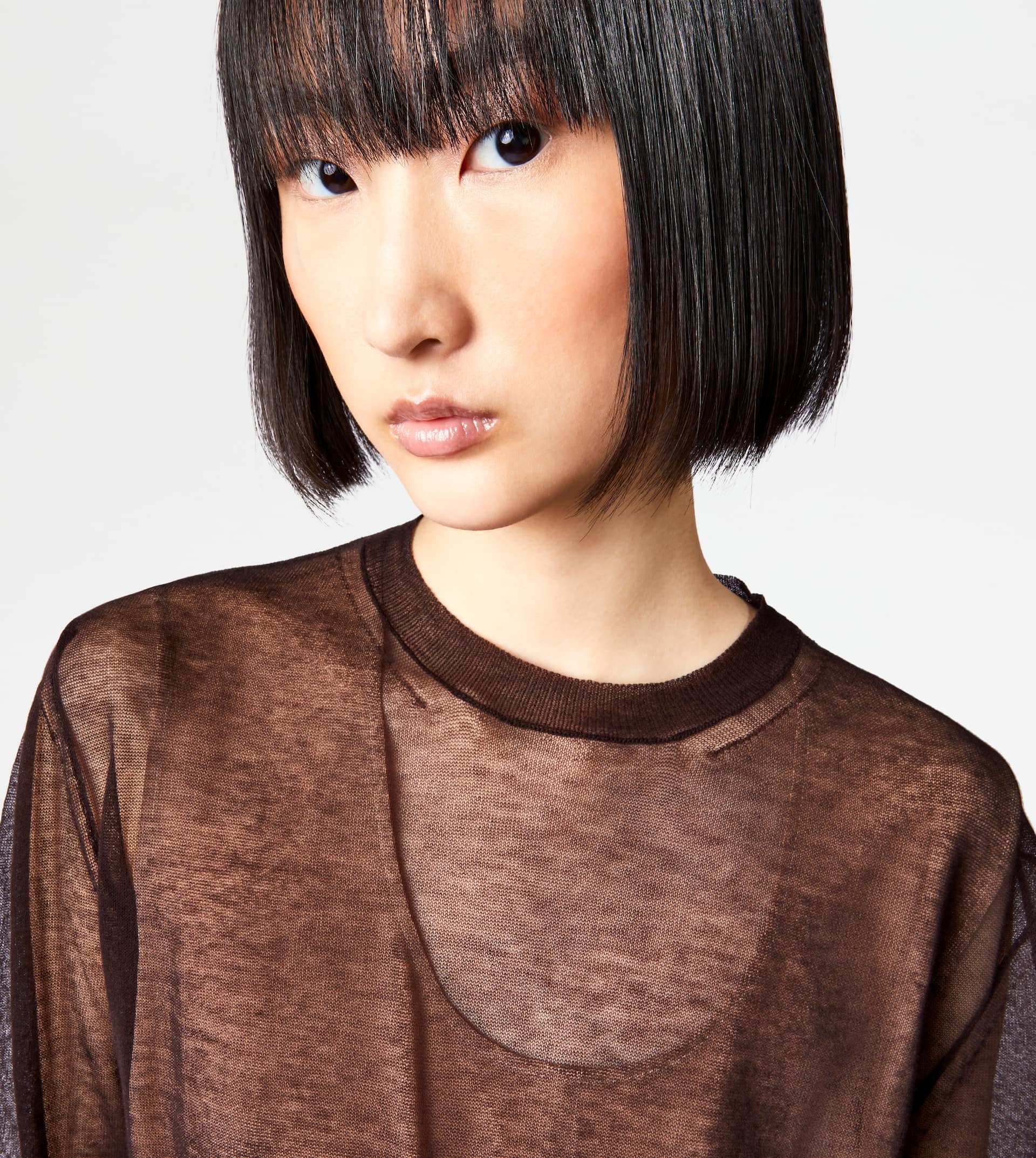 SEMI-TRANSPARENT ROUND NECK JUMPER - BROWN - 5