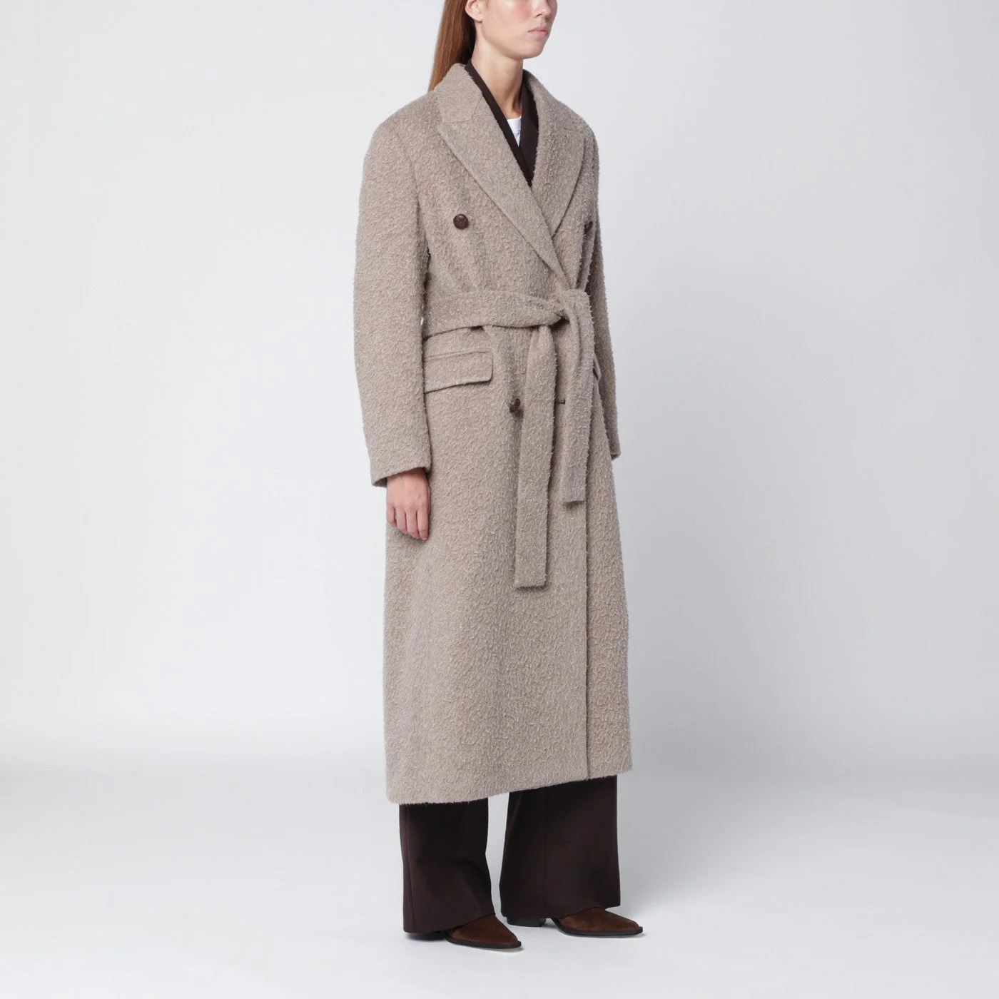 Greige wool-blend belted coat - 1