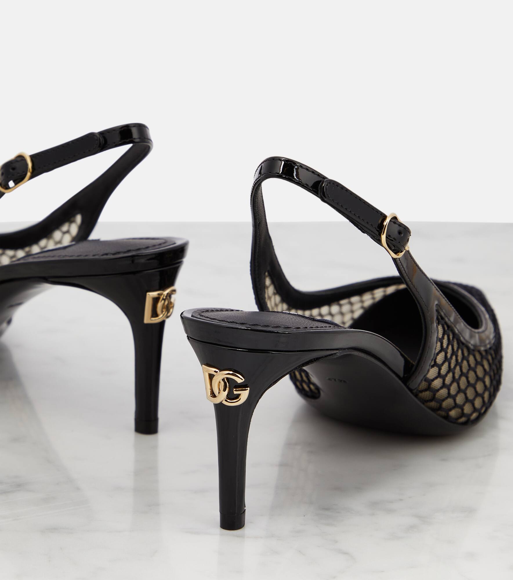 Mesh-trimmed leather slingback pumps - 6