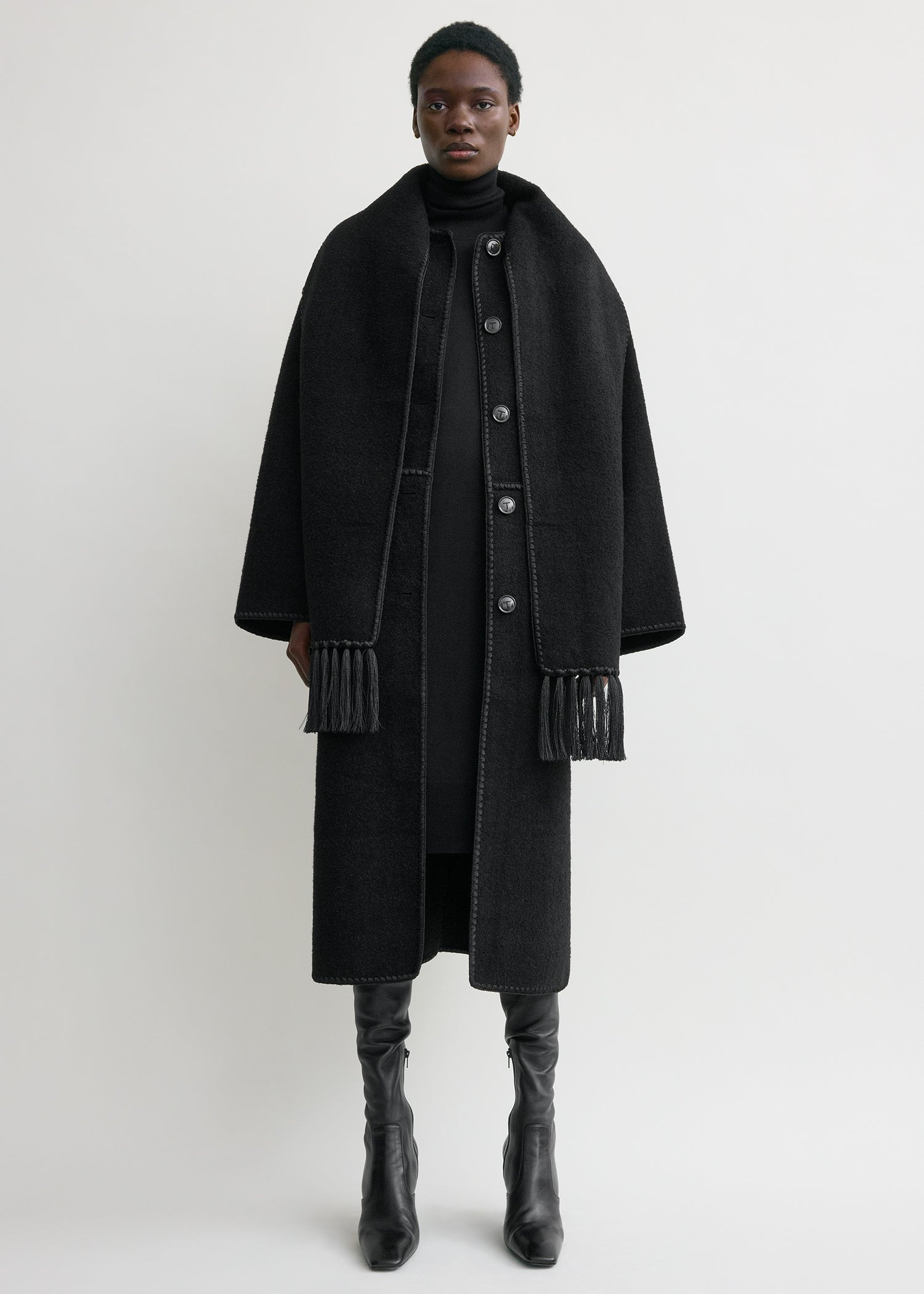 Embroidered scarf coat black - 3