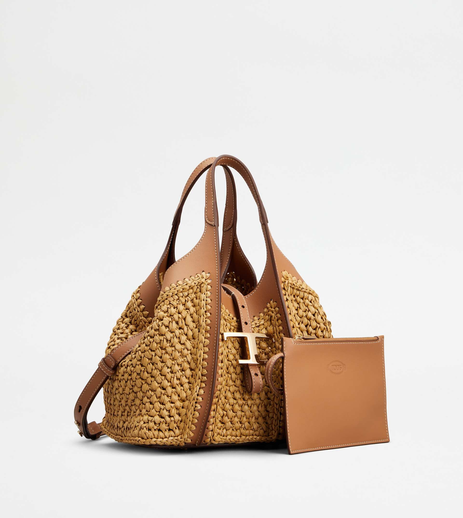 T TIMELESS SHOPPING BAG IN RAFFIA AND LEATHER MINI - BEIGE, BROWN - 2