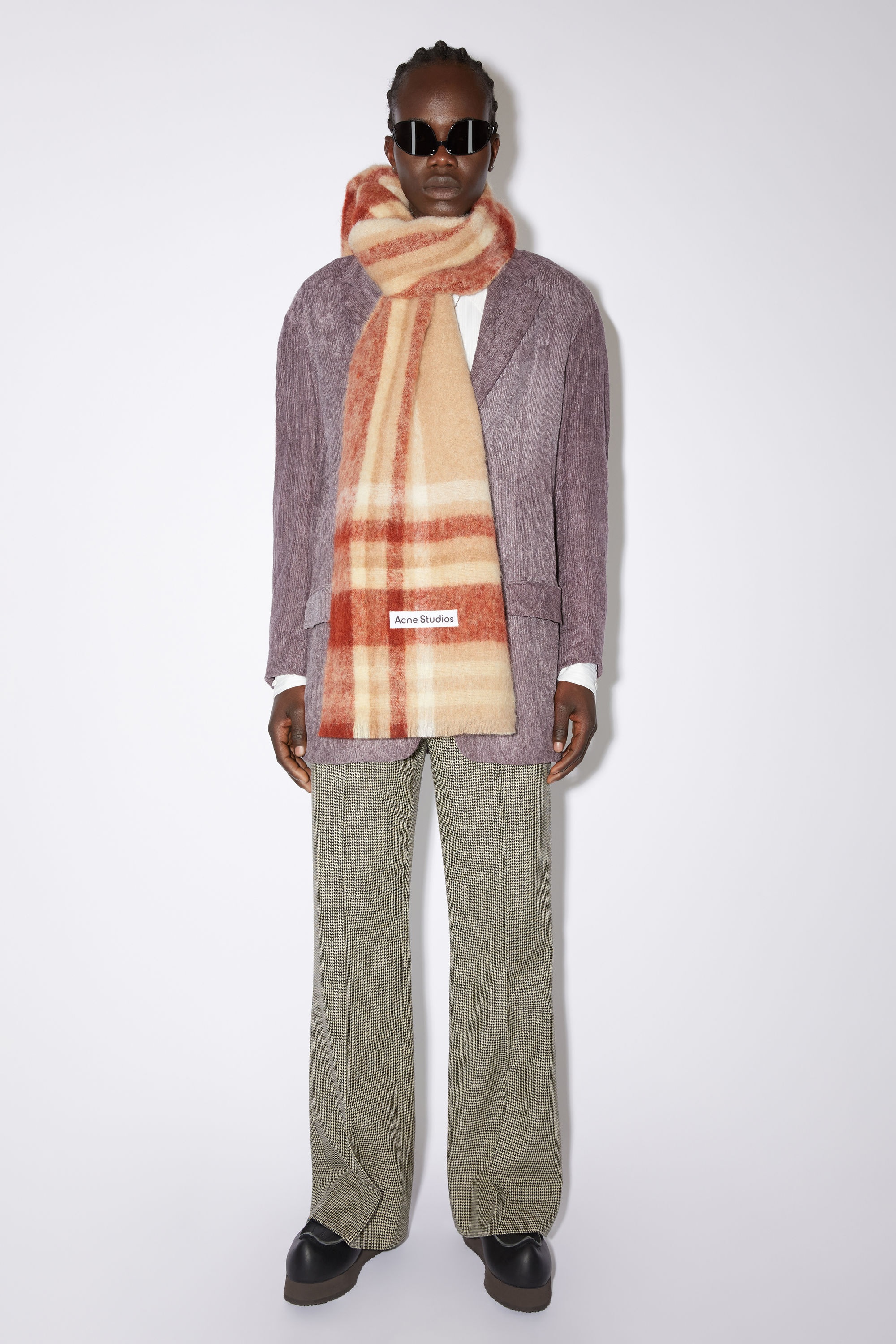 Checked logo wool scarf - Beige/rust red - 3
