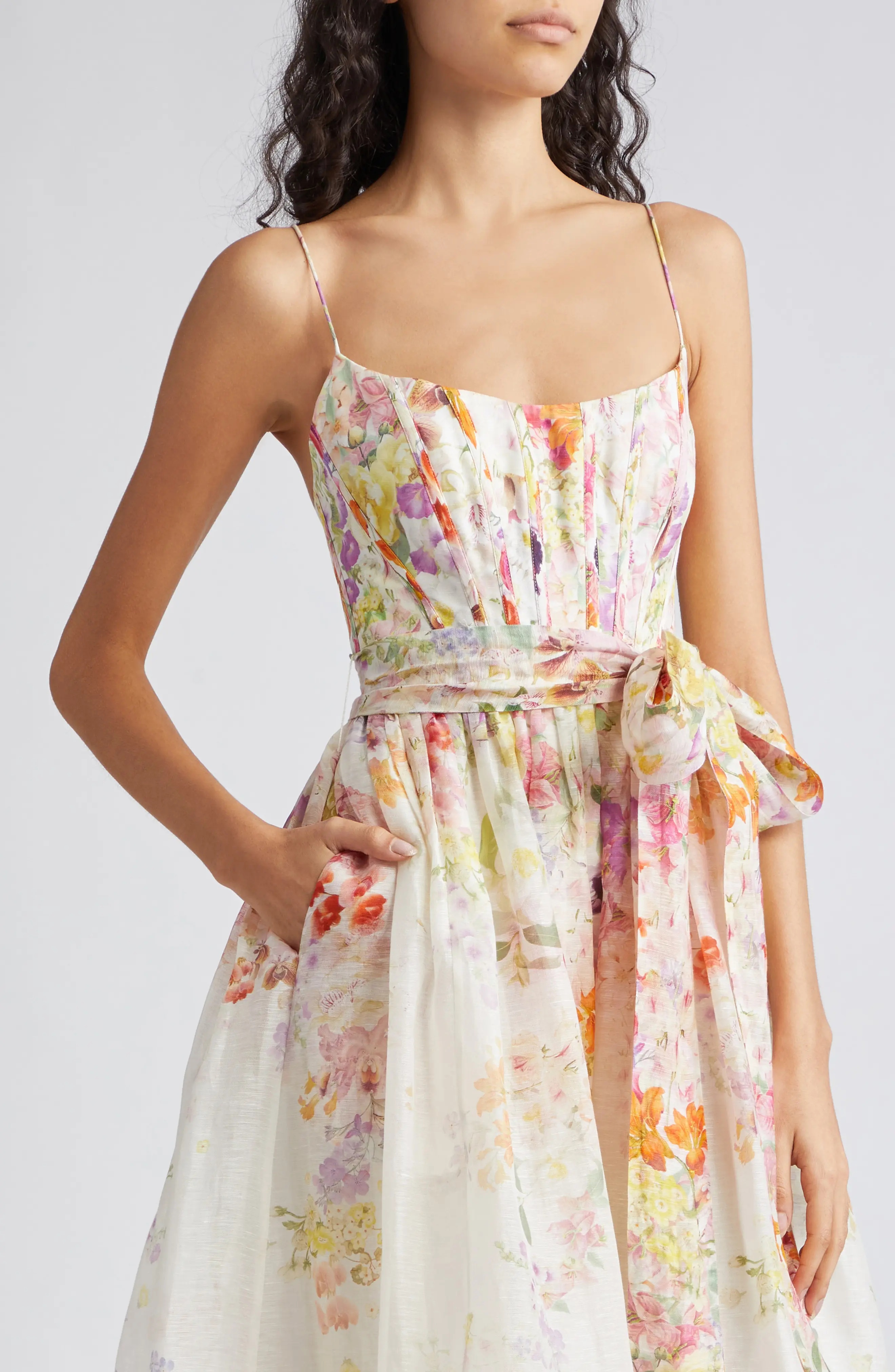 Natura Floral Linen & Silk Organza Corset Midi Dress - 4