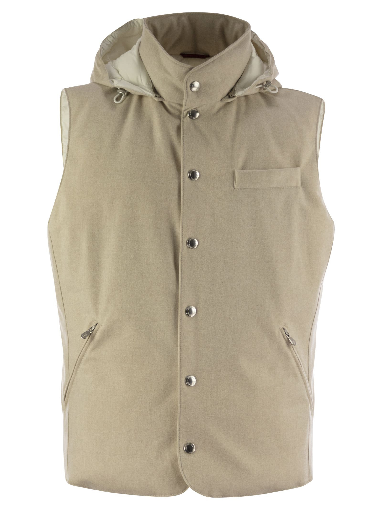Brunello Cucinelli Men Sleeveless Down Jacket In Membraned Wool Flannel With Detachable Hood - 1