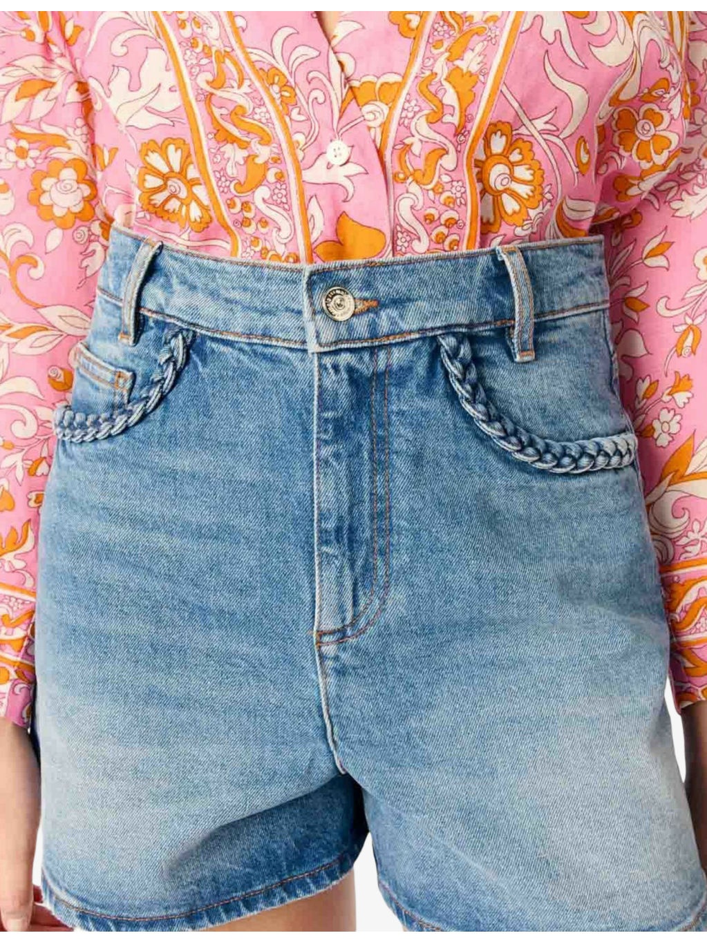 Braided-Trim Faded-Wash Denim Shorts - 5