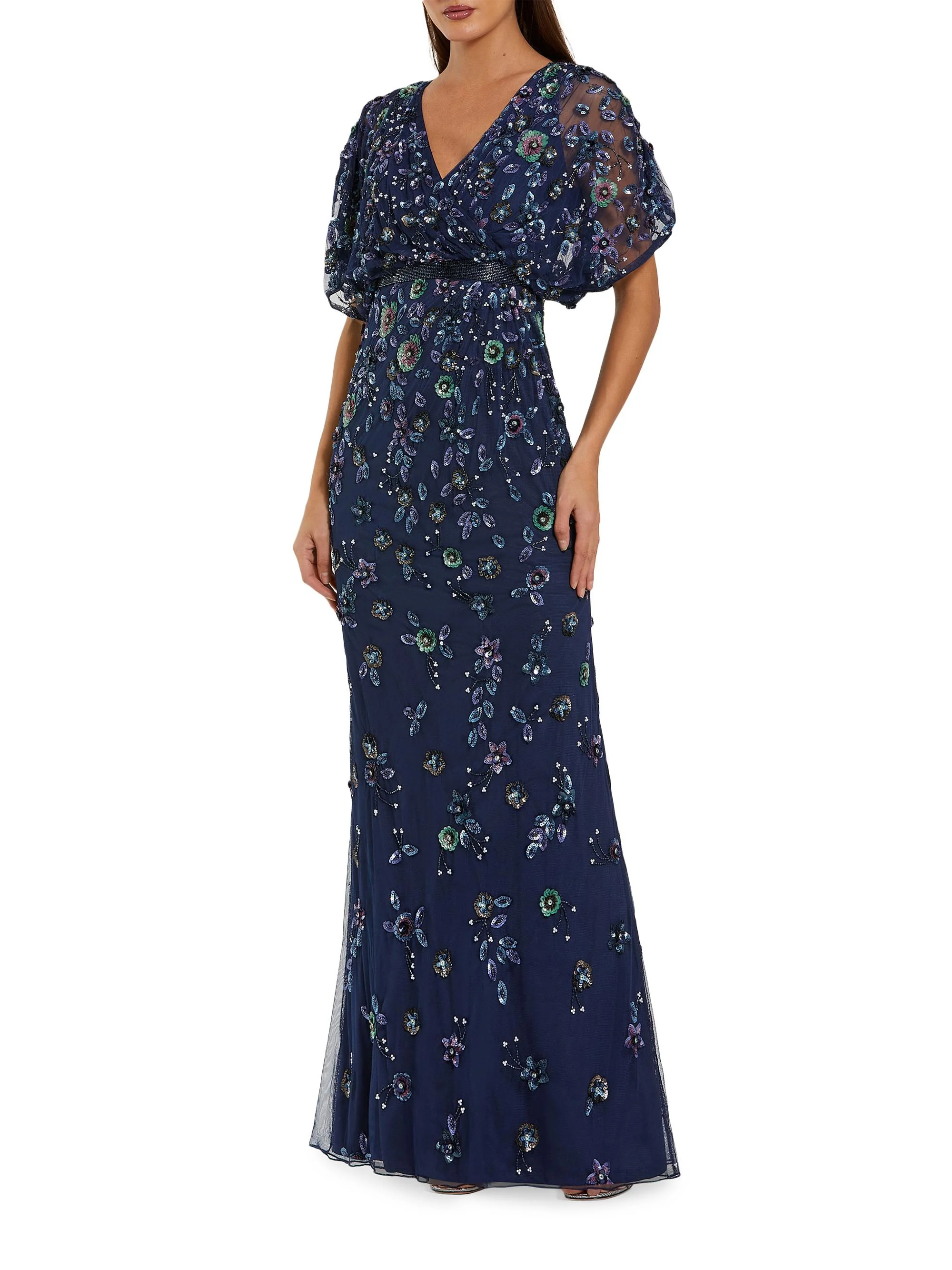 Women's Floral Embellished A-Line Gown - Navy - 1