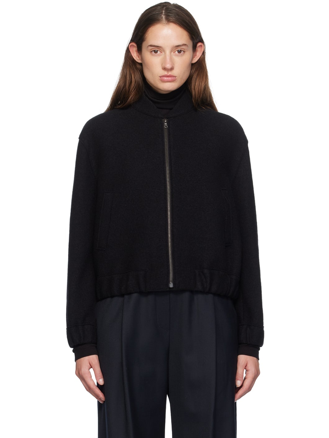 Black Cropped Bomber Jacket - 1