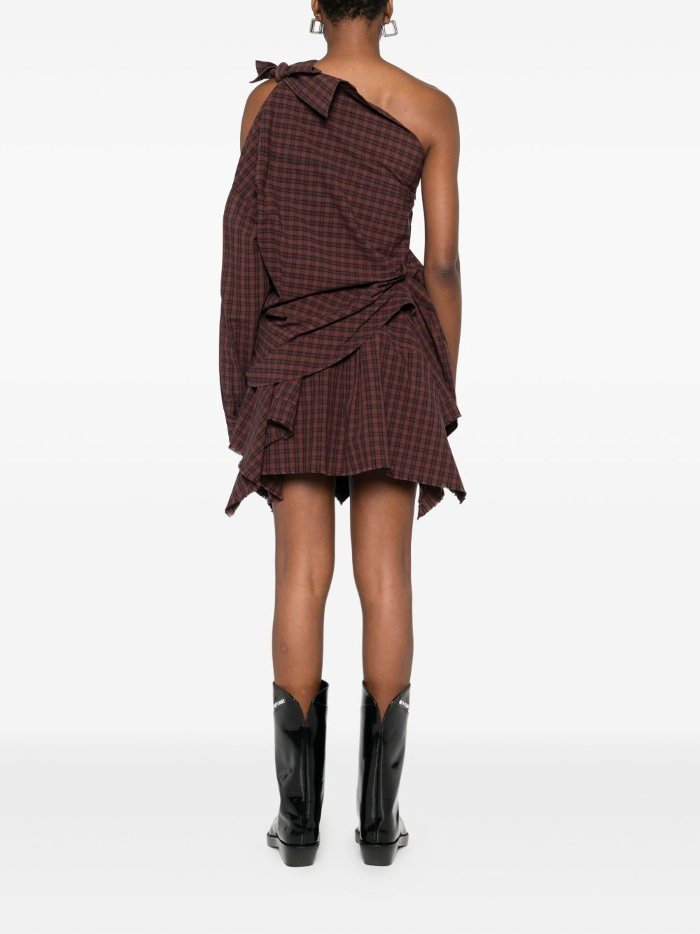 one-shoulder checked-pattern mini dress - 4