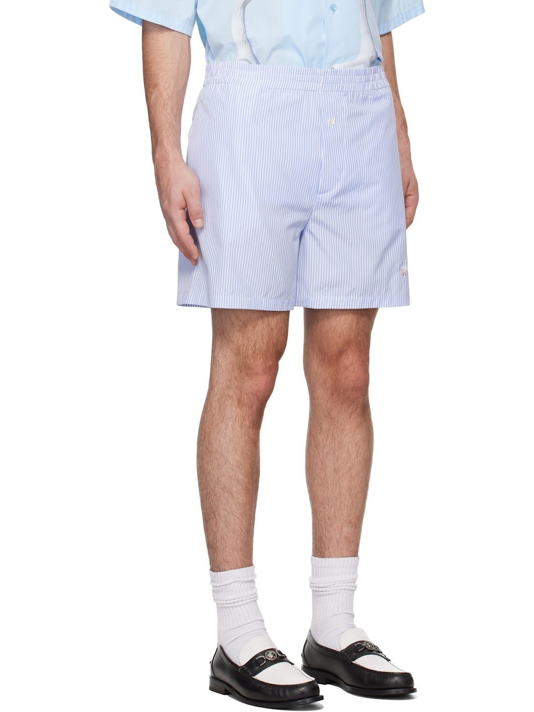 Blue & White Goose Embroidery Striped Poplin Shorts - 2