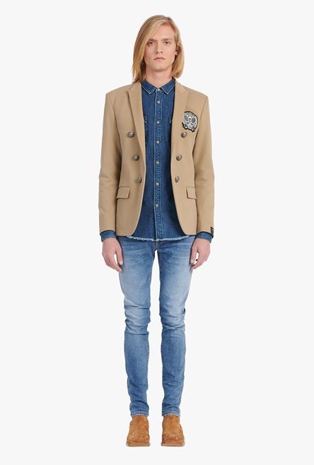 Dark sand-colored cotton blazer with embroidered Balmain badge and double-breasted silver-tone butto - 4