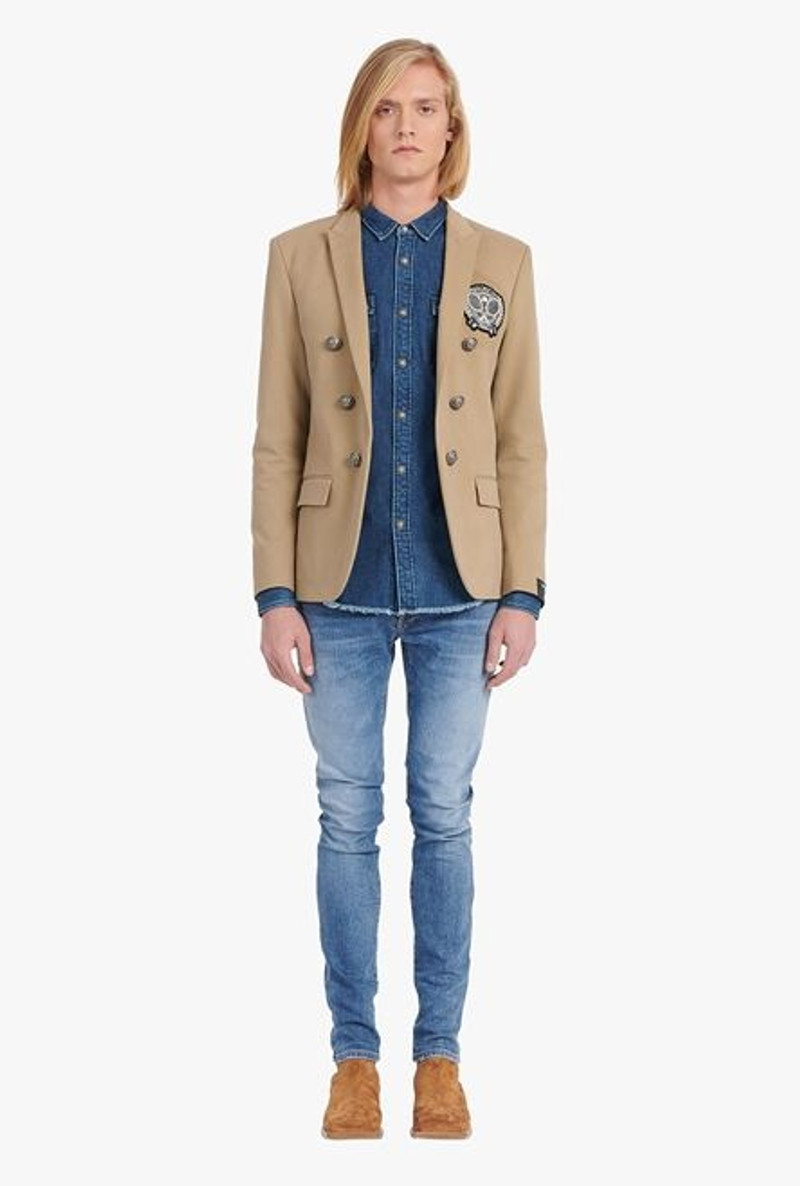 Dark sand-colored cotton blazer with embroidered Balmain badge and double-breasted silver-tone butto 4