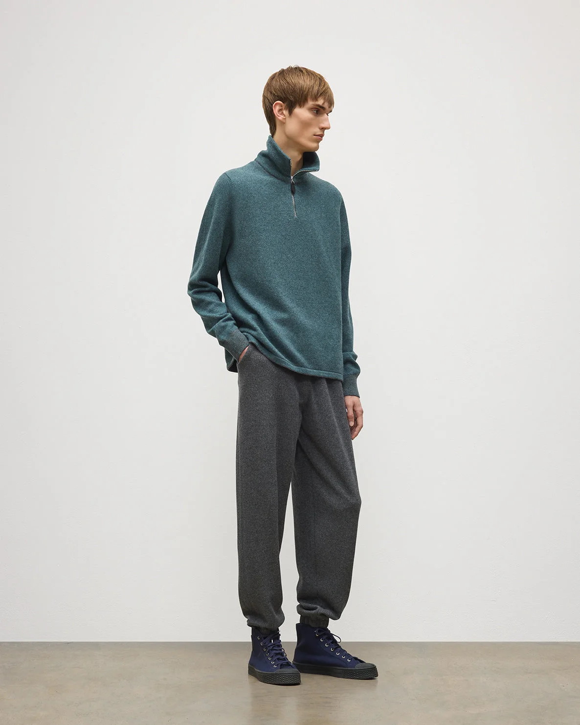 Tweel Grey & Green Cashmere Half Zip Jumper - 1