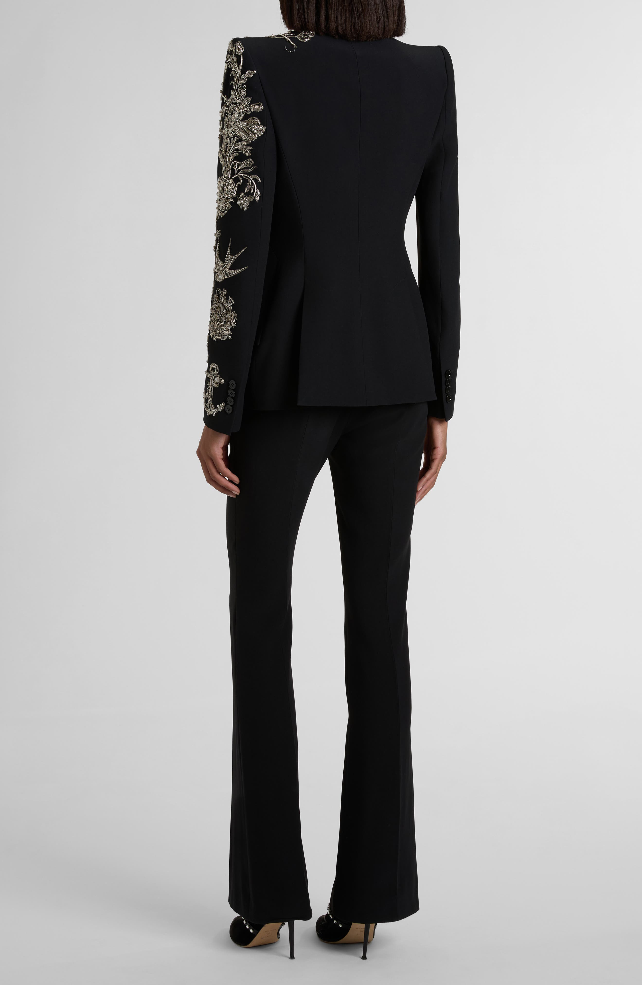 McQueen Tattoo Embroidery Peak Shoulder Crepe Blazer in Black at Nordstrom - 2