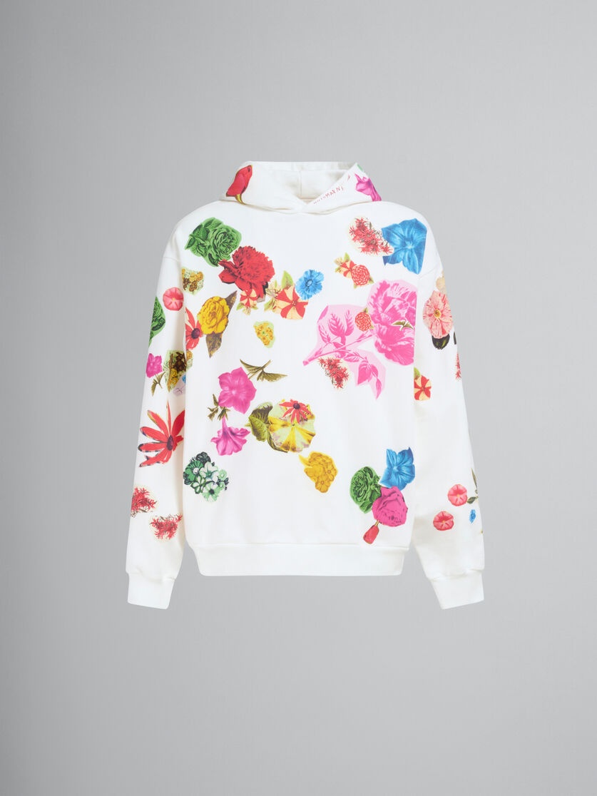 WHITE COTTON HOODIE WITH FLOWER PRINTS - 1