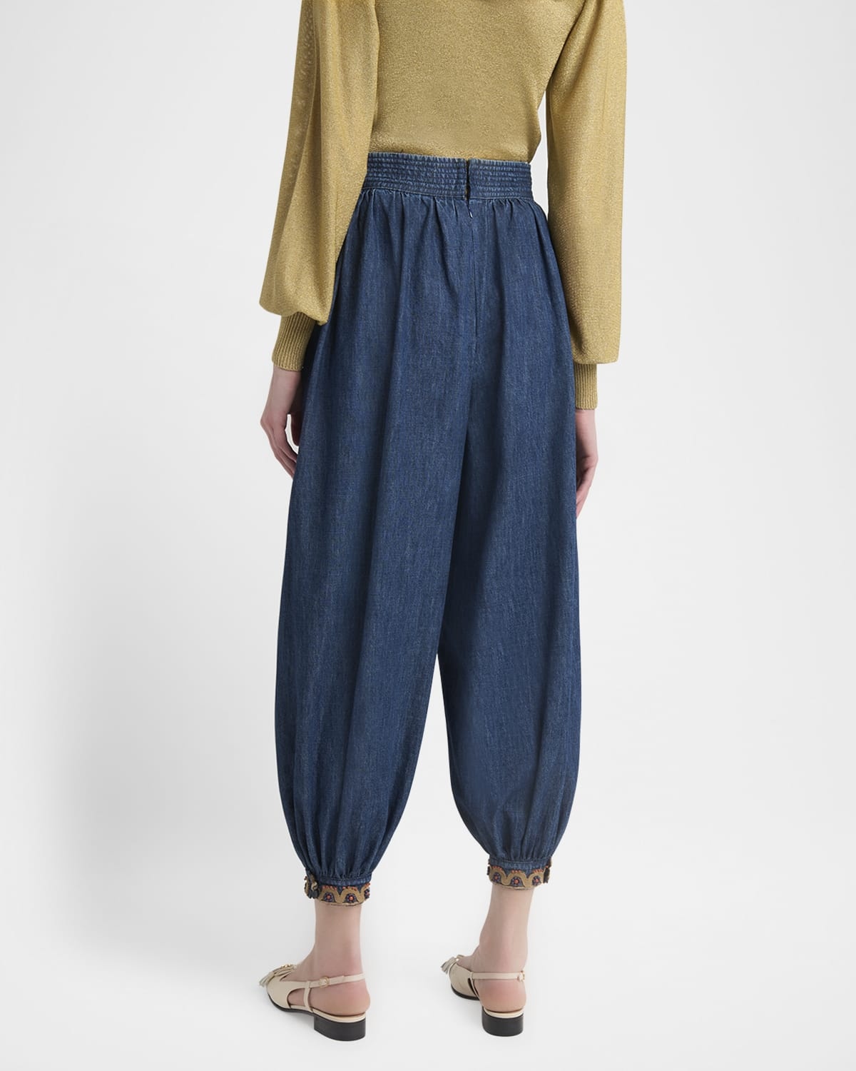 Embroidered Chambray Denim Wide-Leg Crop Blouson Trousers - 3
