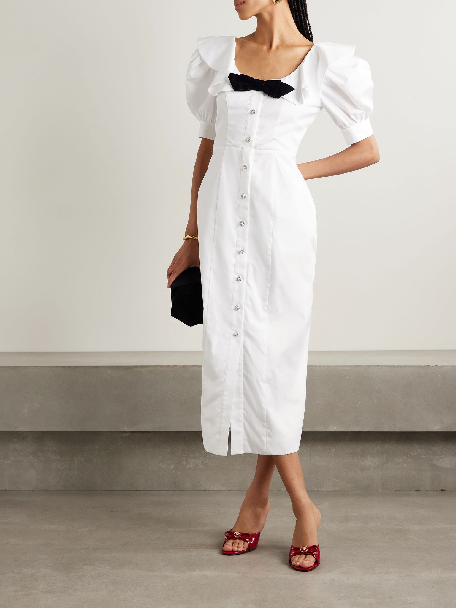 Velvet-trimmed ruffled cotton-poplin midi dress White - 2