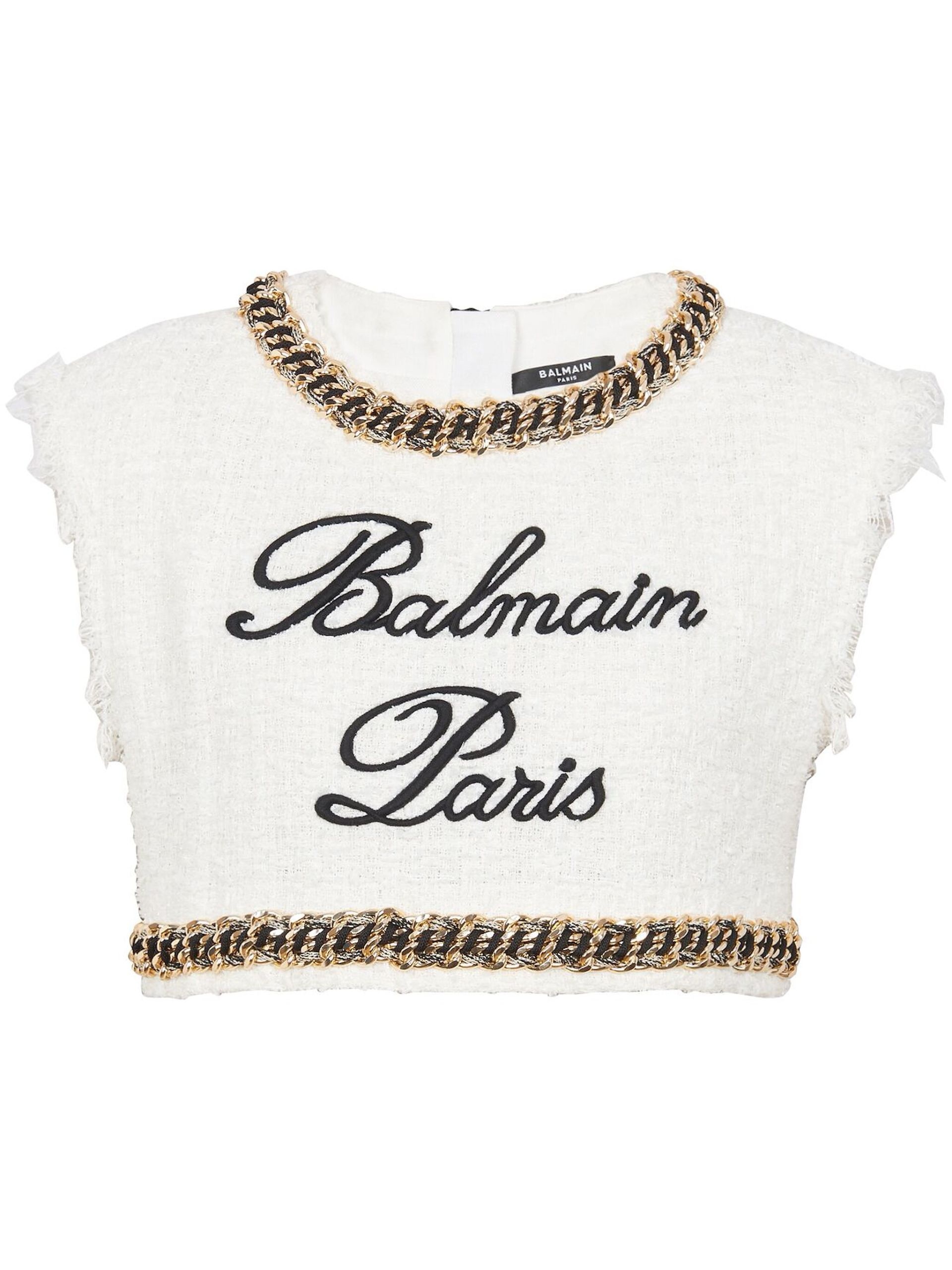 White Logo-Embroidered Tweed Top - 1