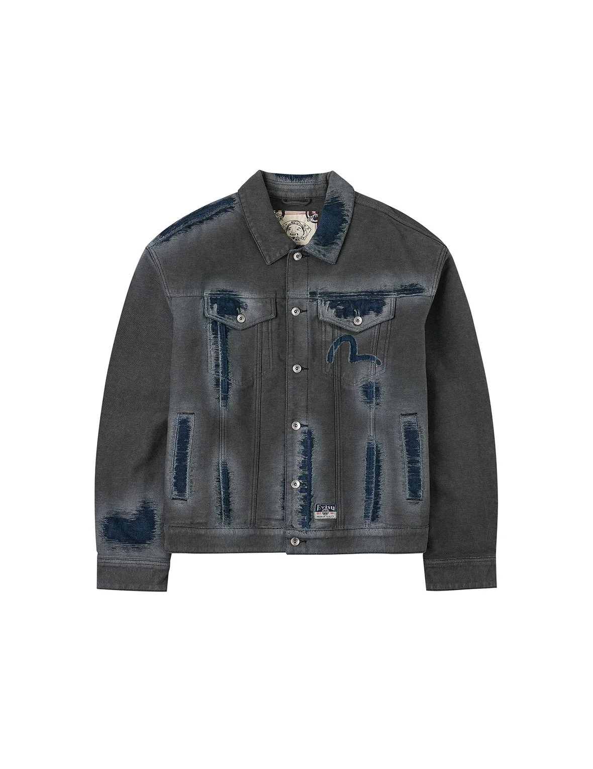 Distressed Seagull and Logo Print Relax Fit Washed Denim Jacket - 1