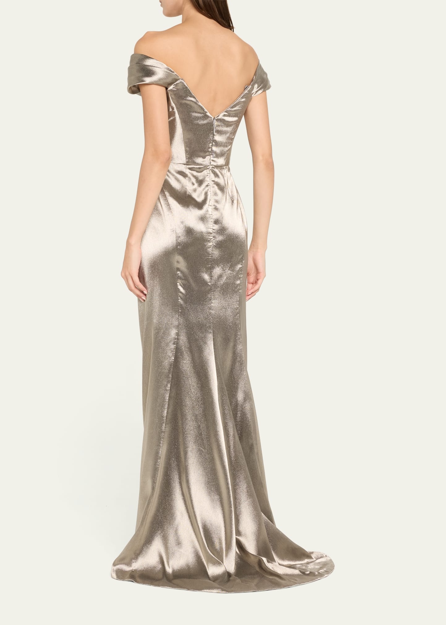 Off-Shoulder Hand Draped Metallic Gown with Slit - 3