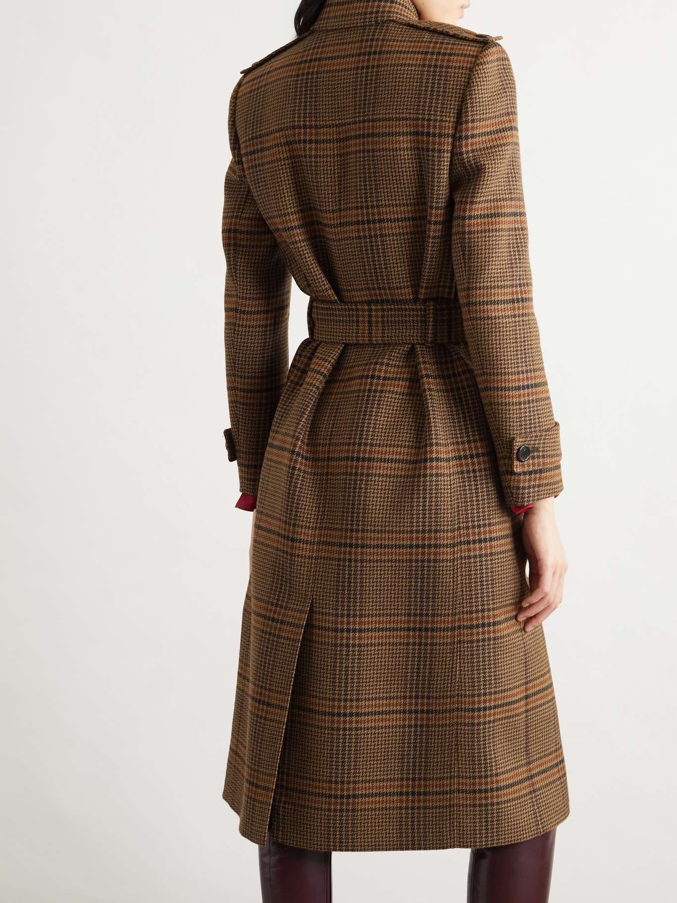 Belted checked wool trench coat Brown - 3