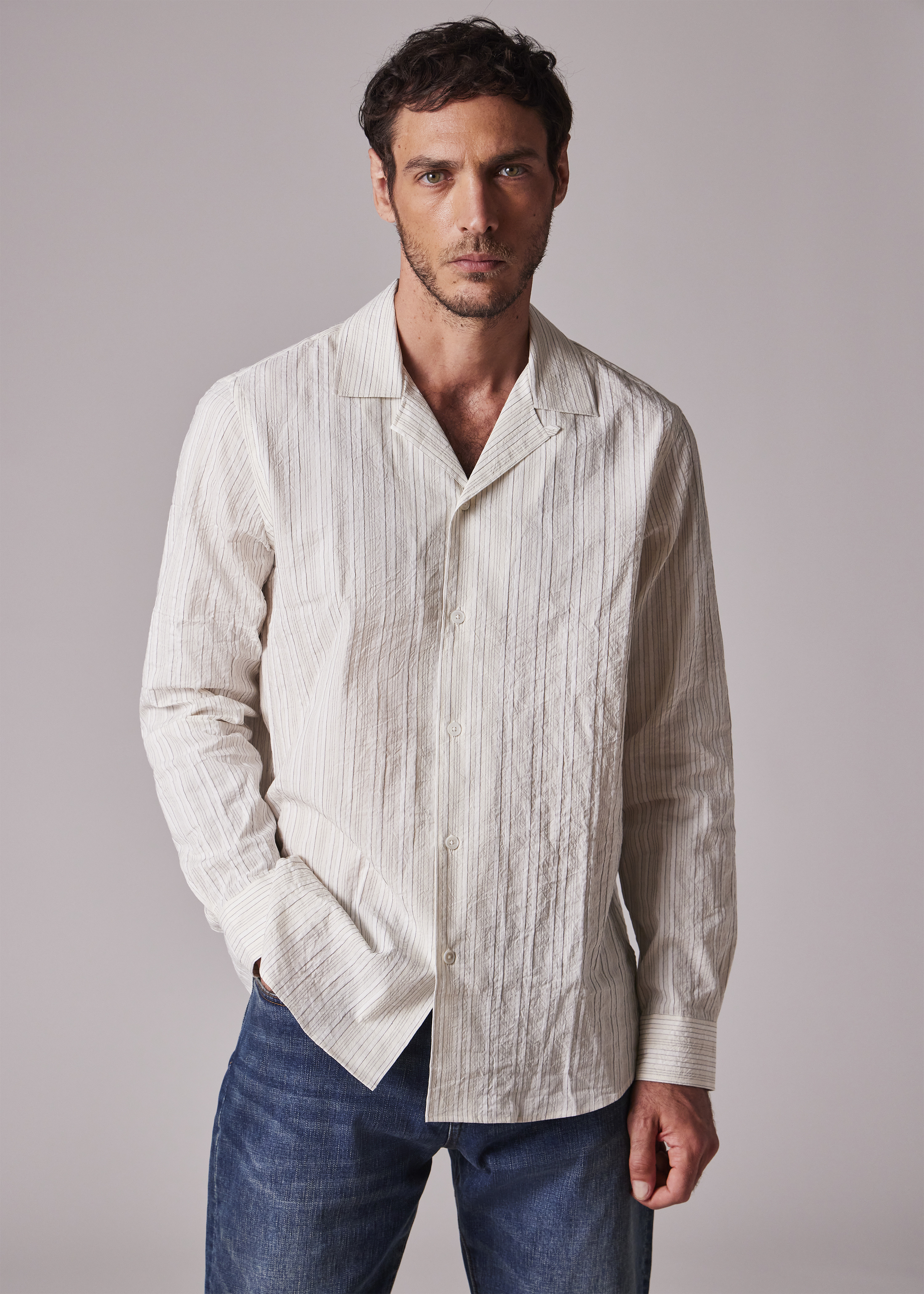 Ecru Cotton-Linen Textured Stripe Shirt - 6
