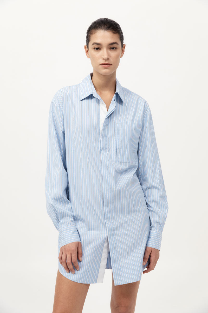 Drawstring Mini Shirt Dress - Pale Blue Stripe - 2