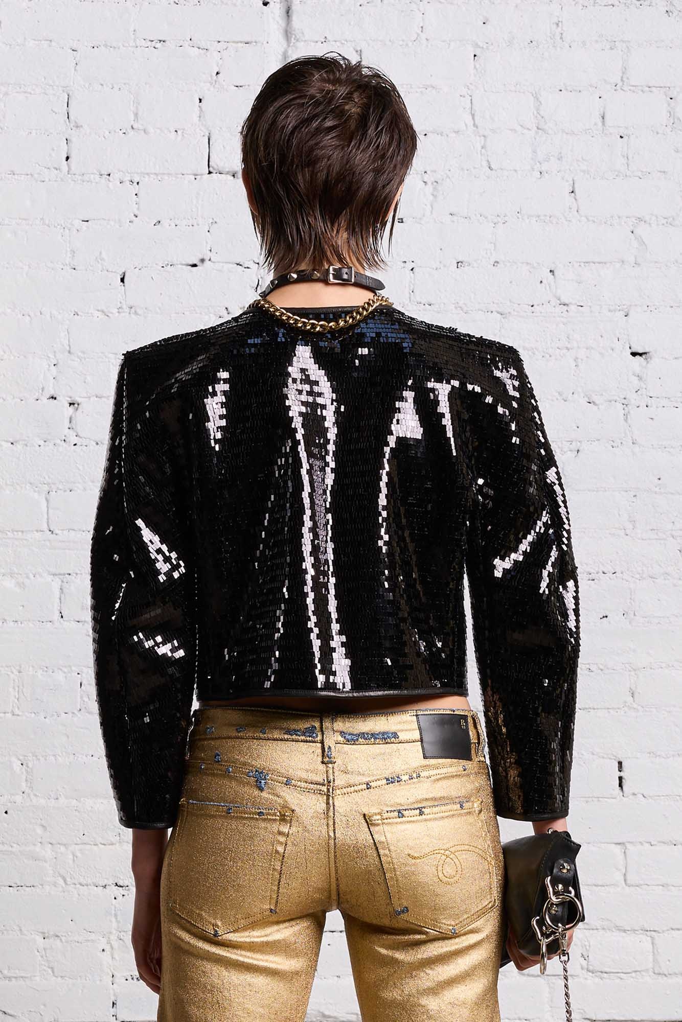 SQUARE SHOULDER SEQUIN JACKET - BLACK - 7