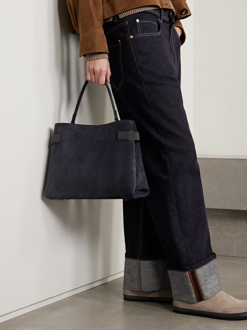 Brunello Cucinelli Bead-embellished suede shoulder bag Navy outlook