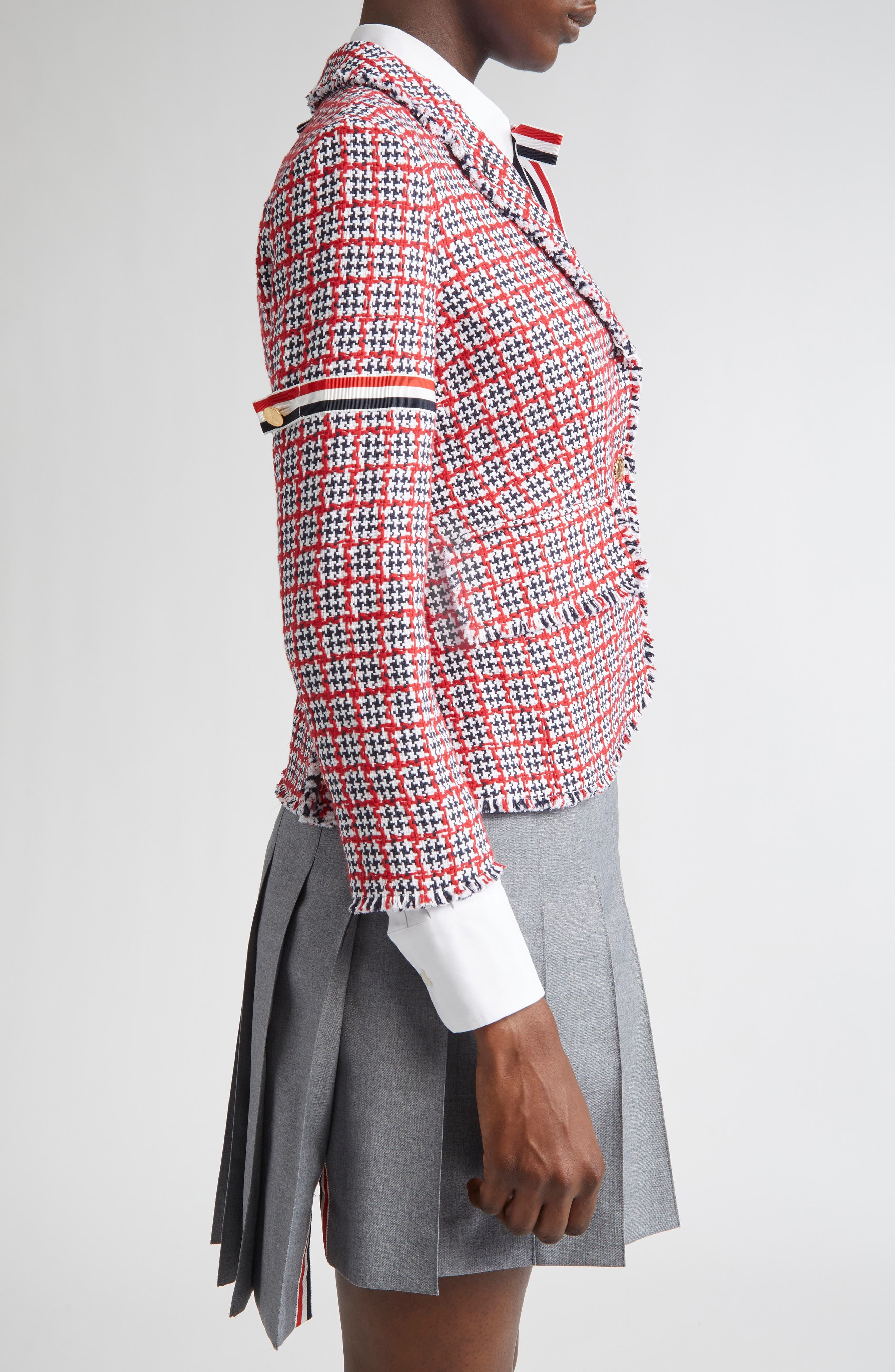 Thom Browne Fray Cotton Tweed Blazer in Red Multi at Nordstrom - 4