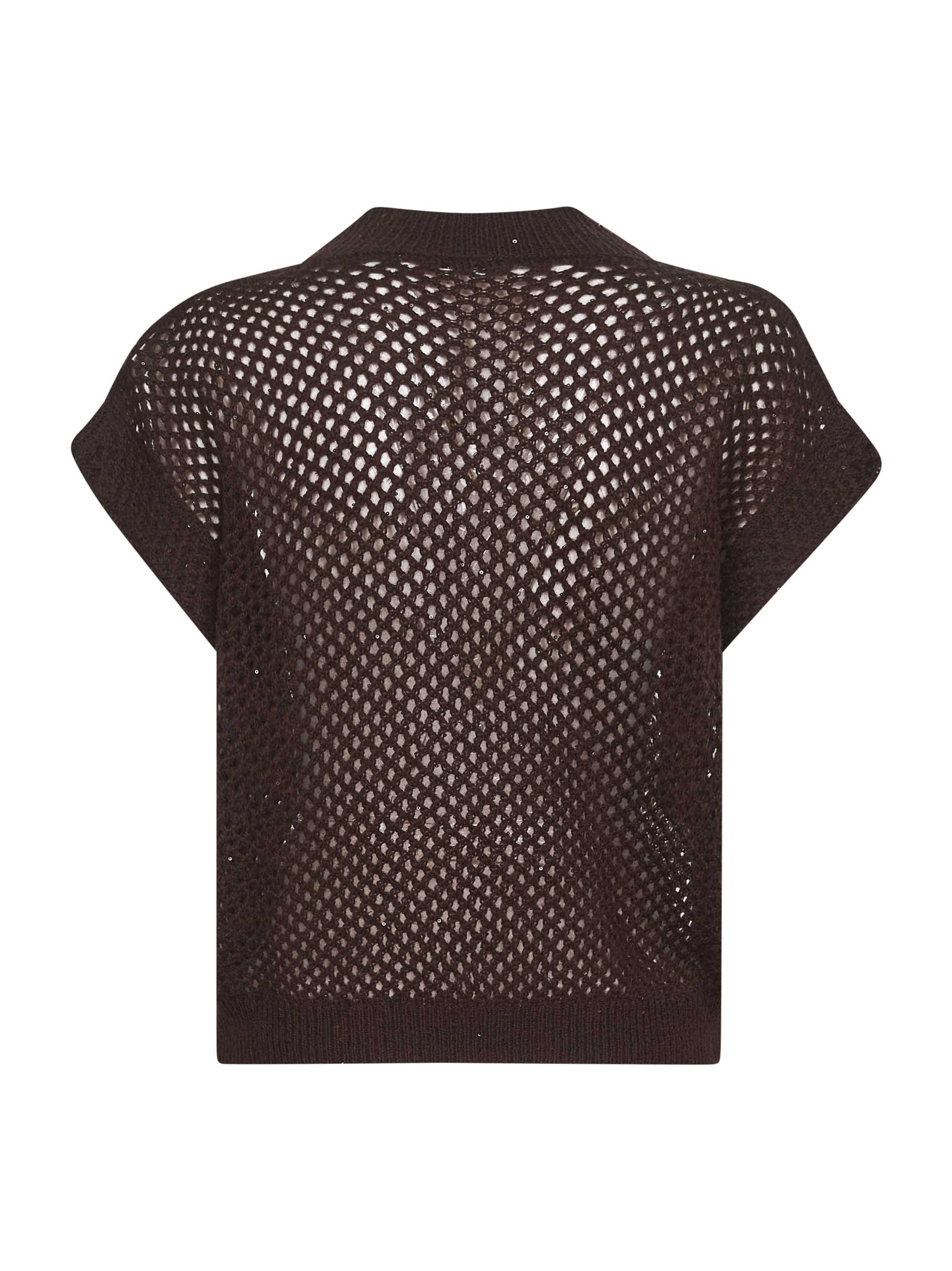 Brunello Cucinelli Women Brown Dazzling Mesh V-Neck Sweater - 3