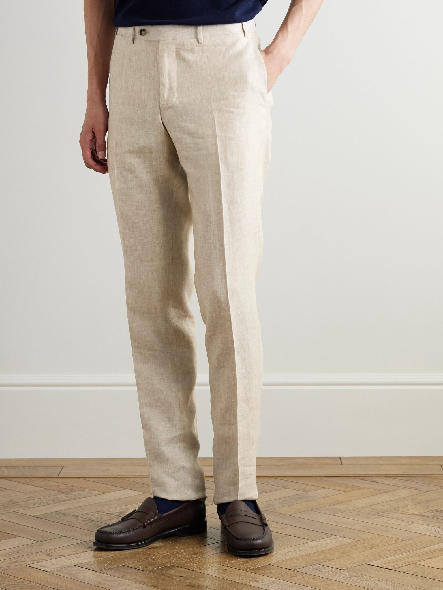 Slim-Fit Straight-Leg Linen Suit Trousers Beige - 3