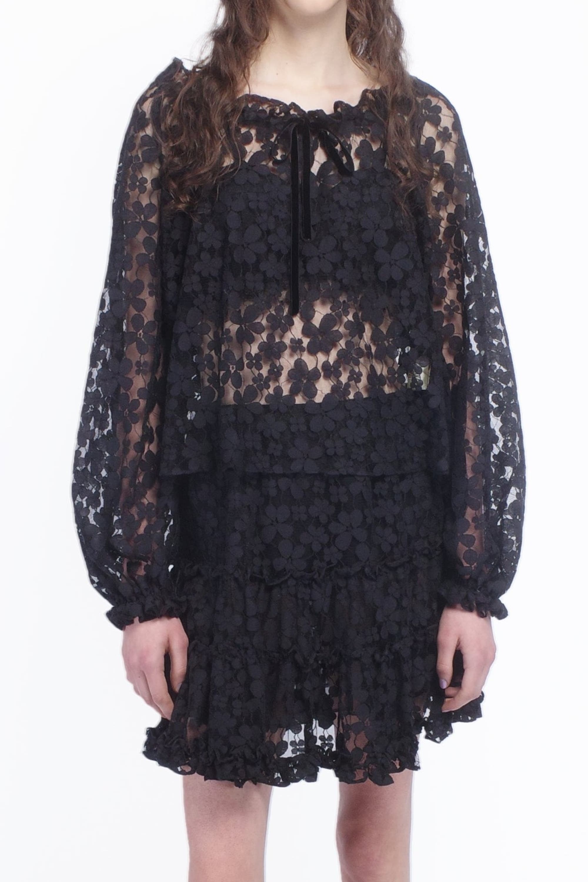 Anna Sui Shadow Blossom Tulle Elastic Lace Blouse in Black at Nordstrom - 1