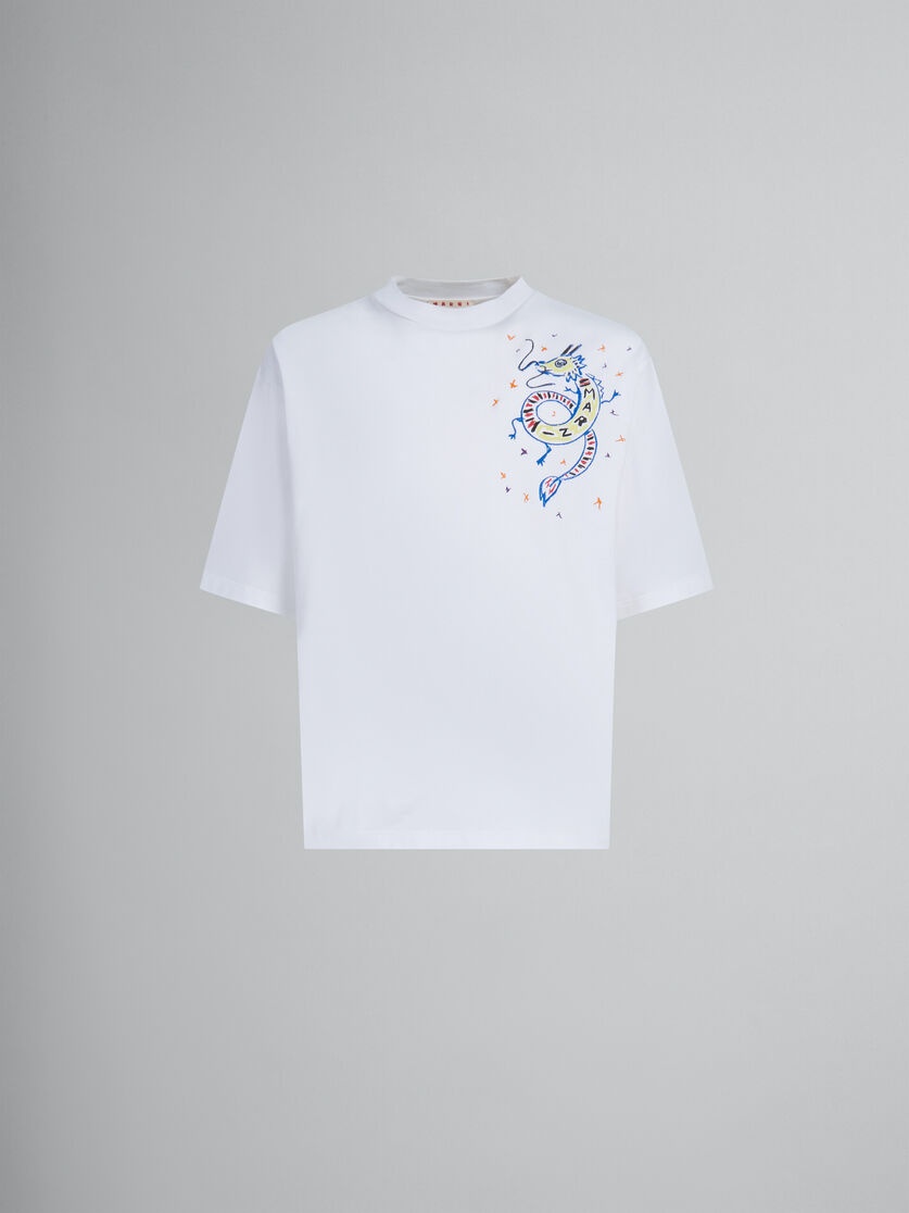 WHITE BIO JERSEY T-SHIRT WITH DRAGON PRINT - 1