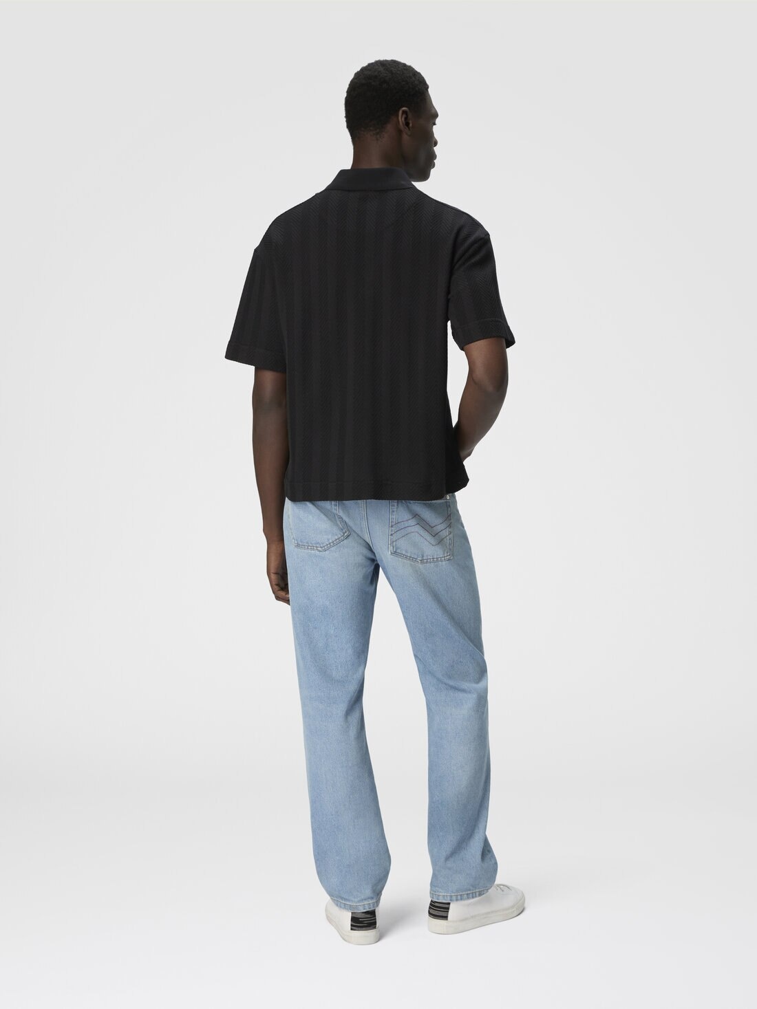 Cotton and viscose polo shirt with tone-on-tone zigzag - 3