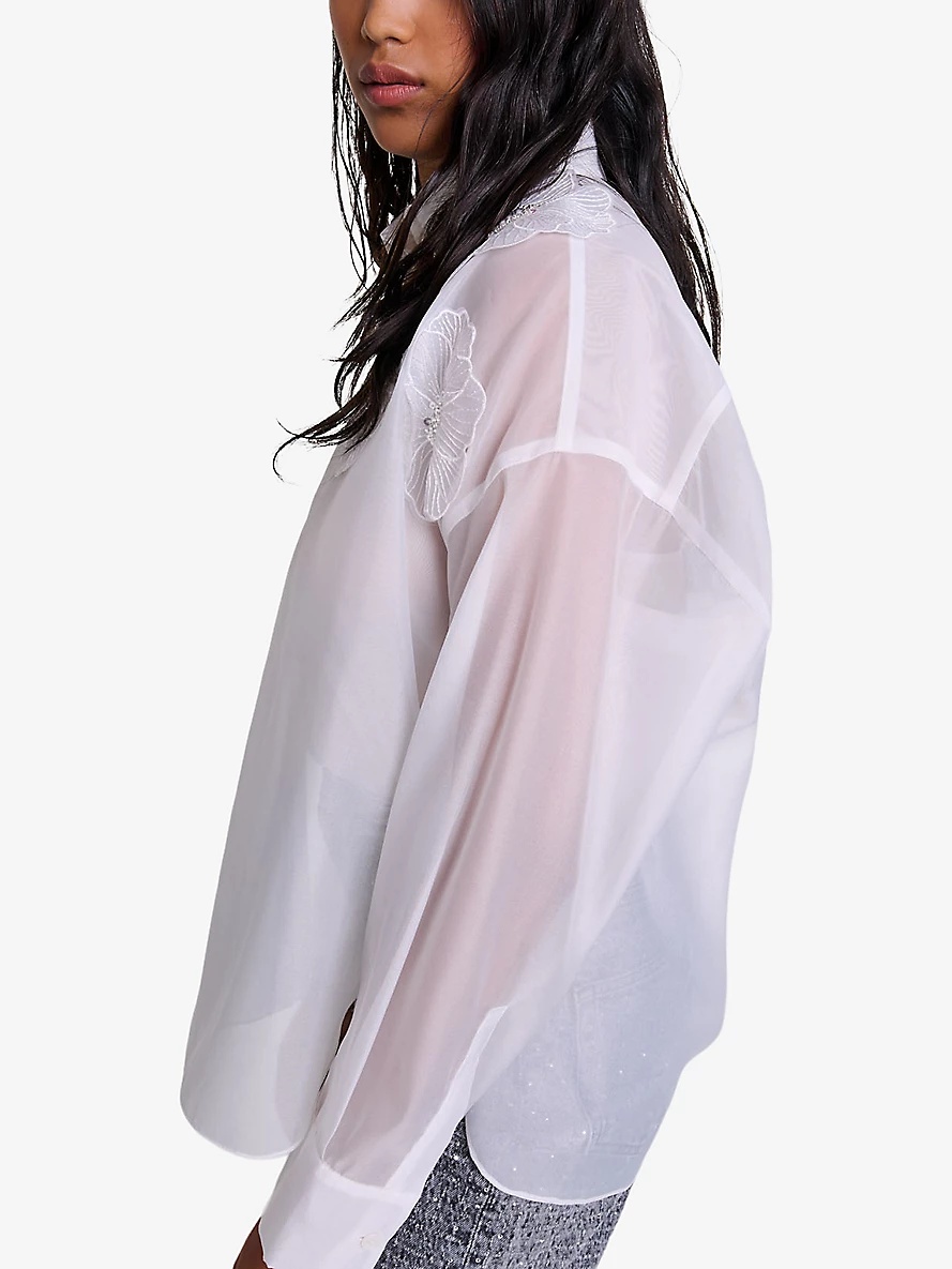 Flower-embroidered relaxed-fit organza woven shirt - 6