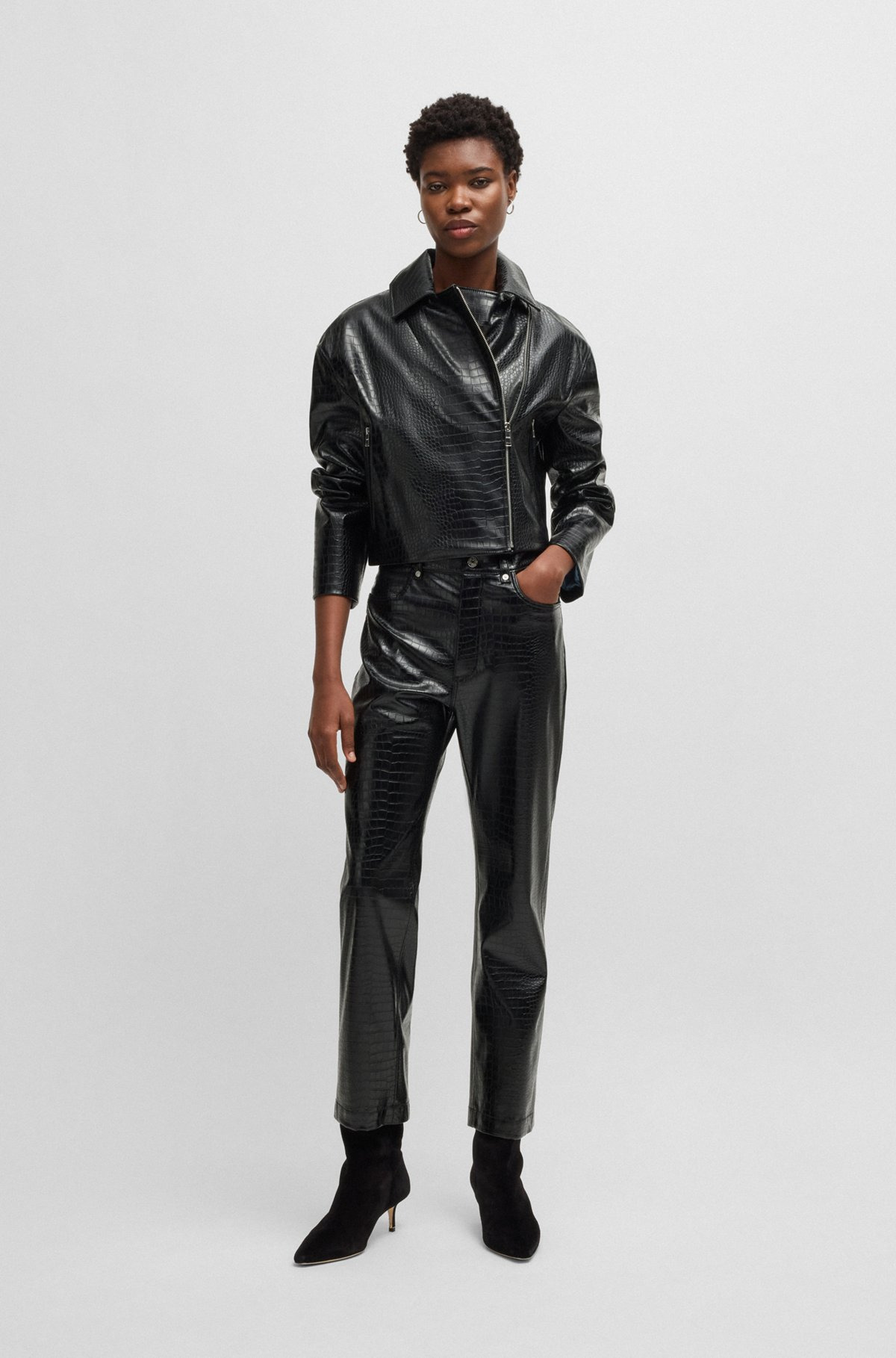 CROCODILE-EMBOSSED BIKER JACKET IN FAUX LEATHER - 3