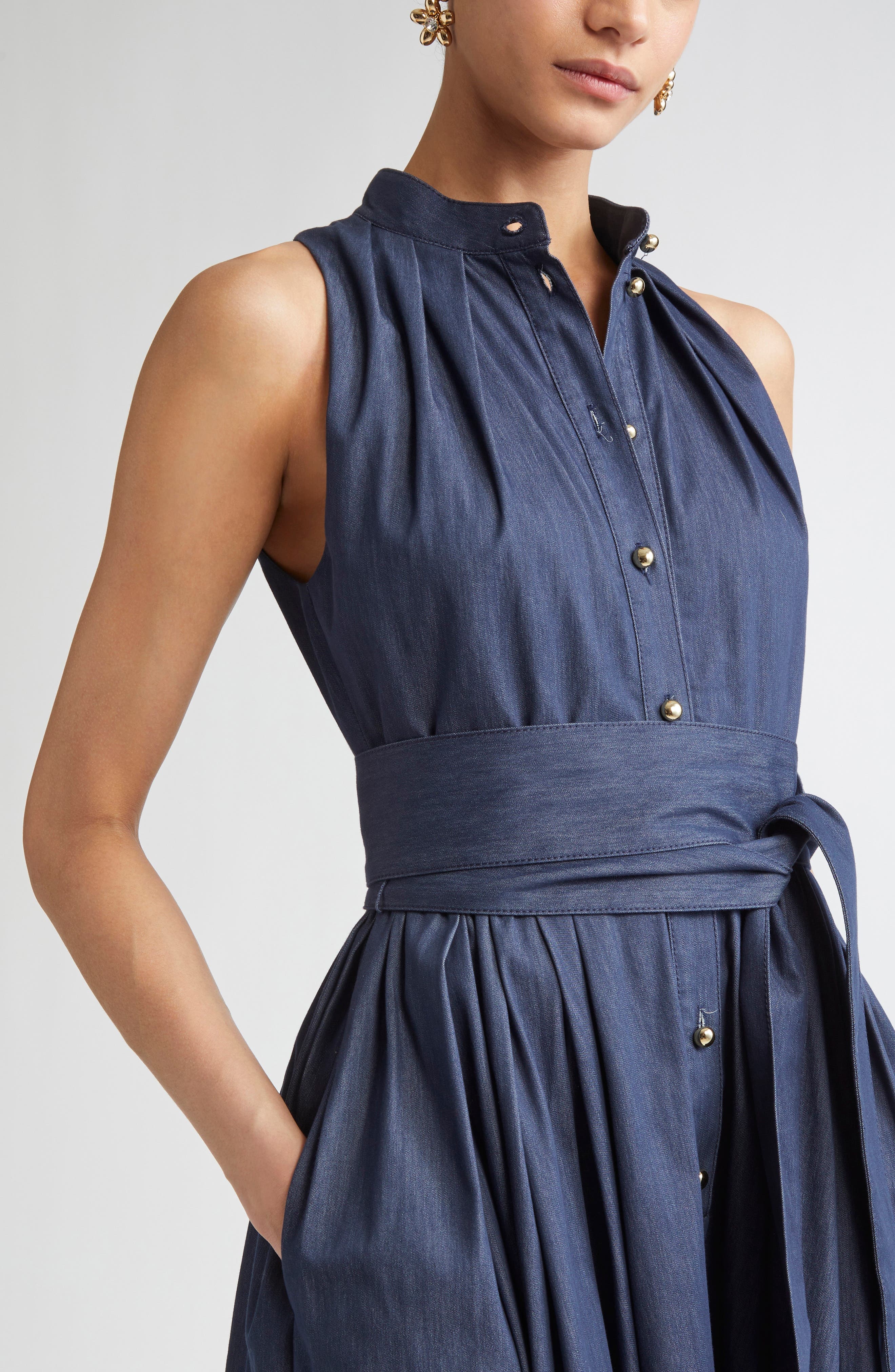 Carolina Herrera Sleeveless Cotton Blend Belted Shirtdress in Dark Navy at Nordstrom - 4