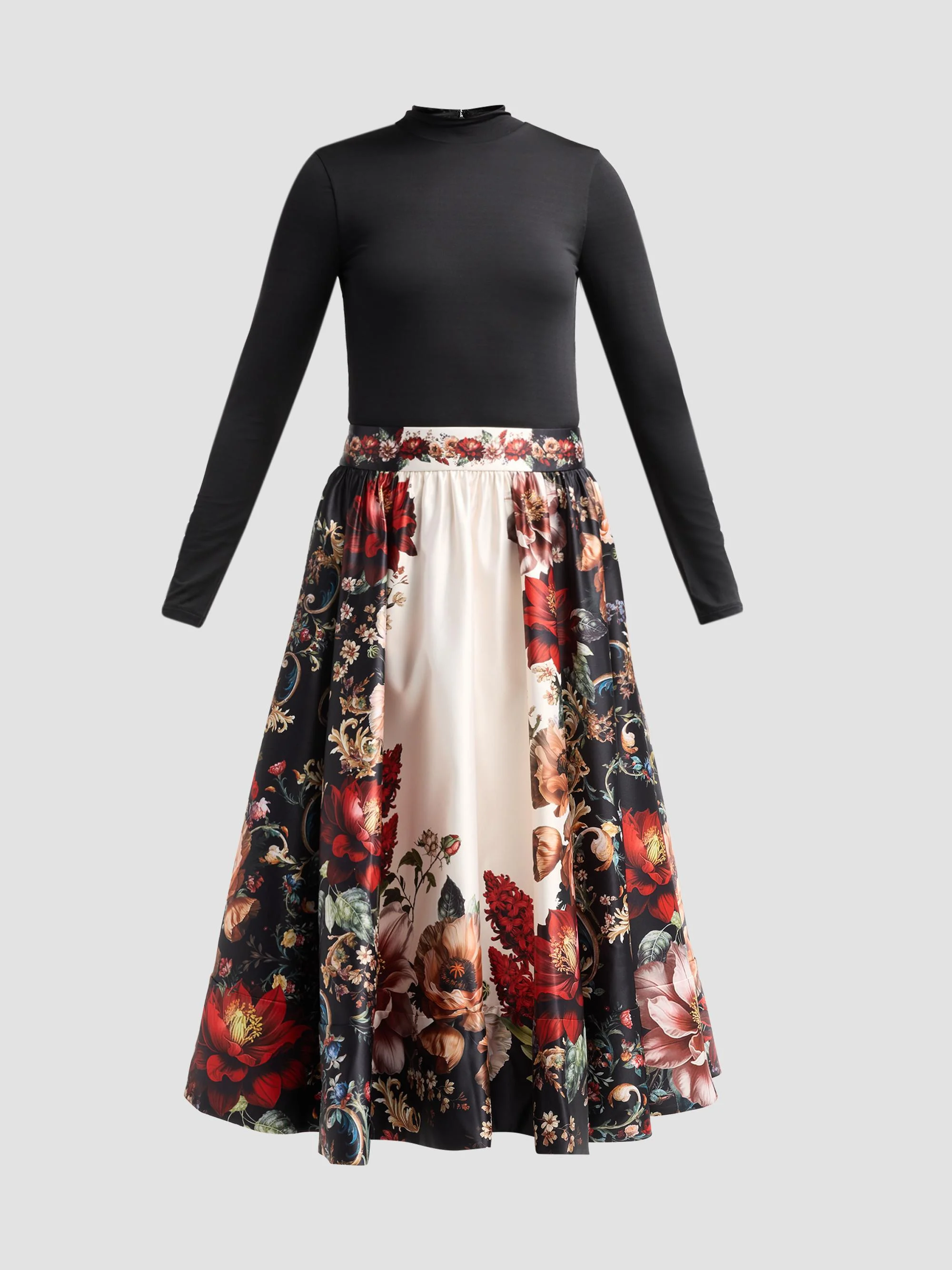 Women's Chara Turtleneck Floral Flare Skirt Midi Dress - Floral Radiance - 1