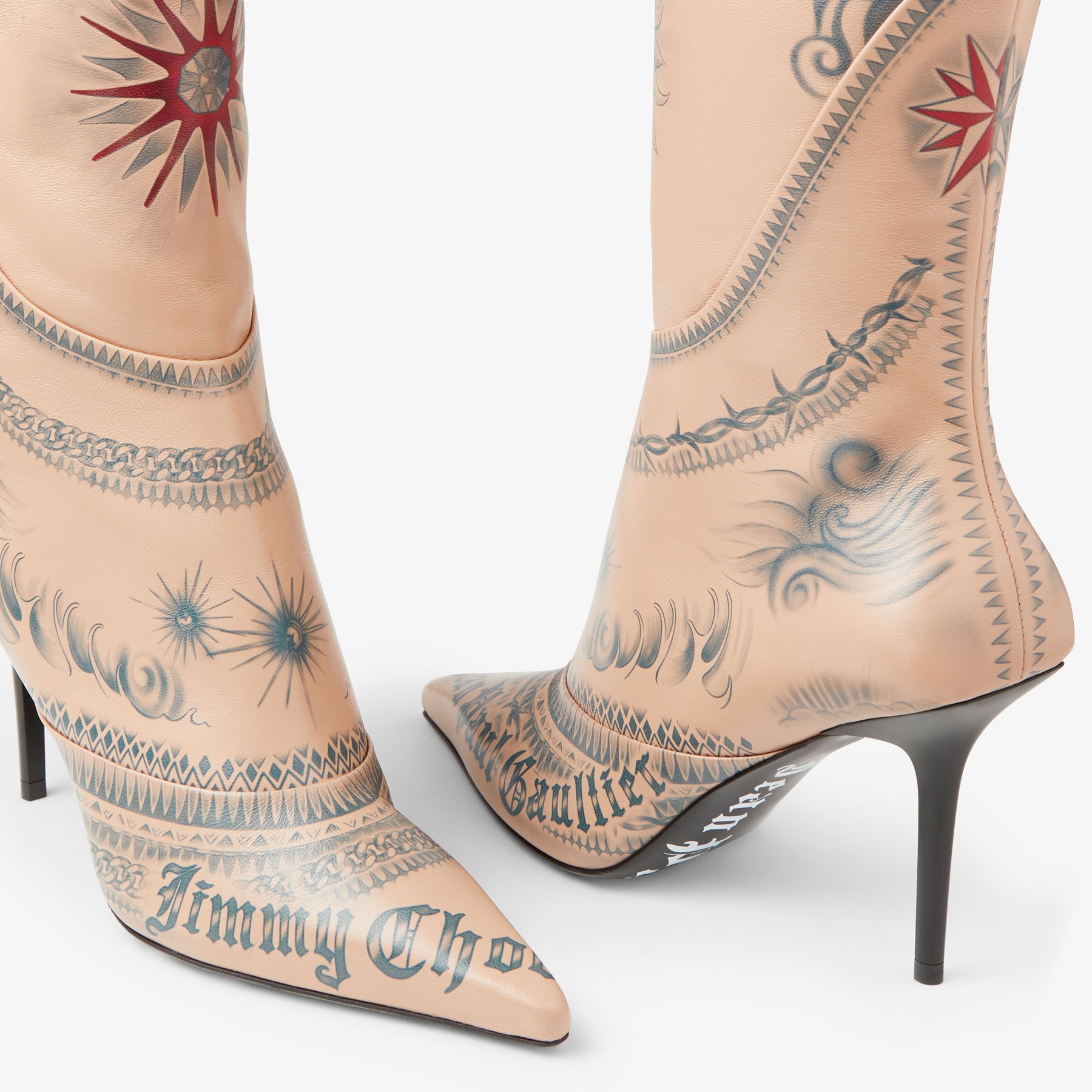 Jimmy Choo / Jean Paul Gaultier Over The Knee Boot 90
Beige Tattoo Printed Leather Over-The-Knee Boo - 4