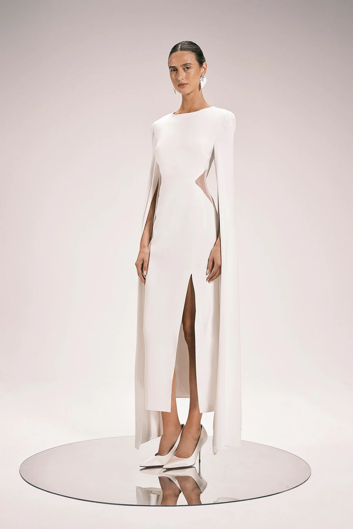 Tailored Compact Stretch Viscose Cape Mesh Panel Midi Dress - 1