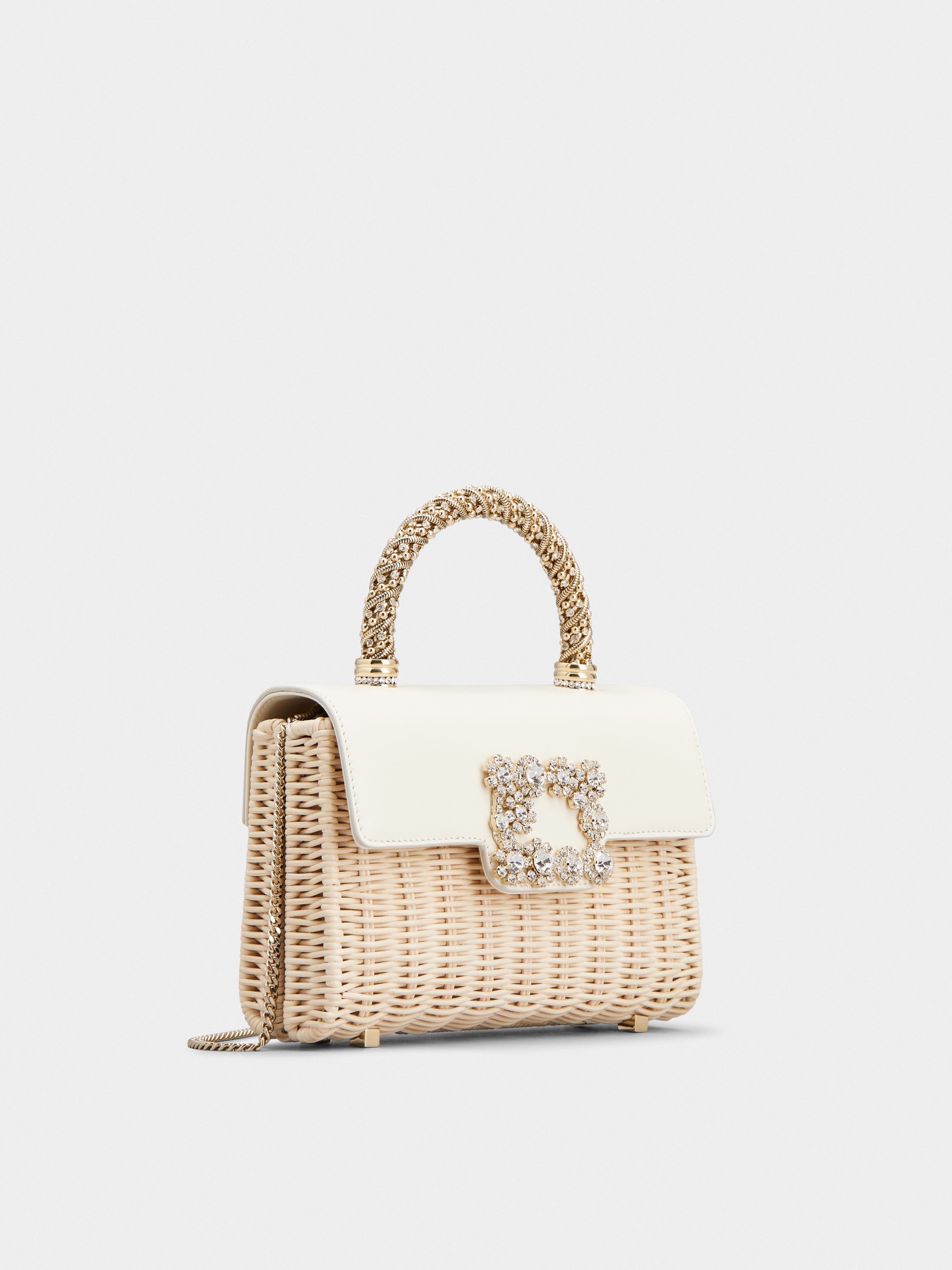 Wicker Jewel Mini Flower Strass Buckle Clutch Bag in Leather and Rattan - 3